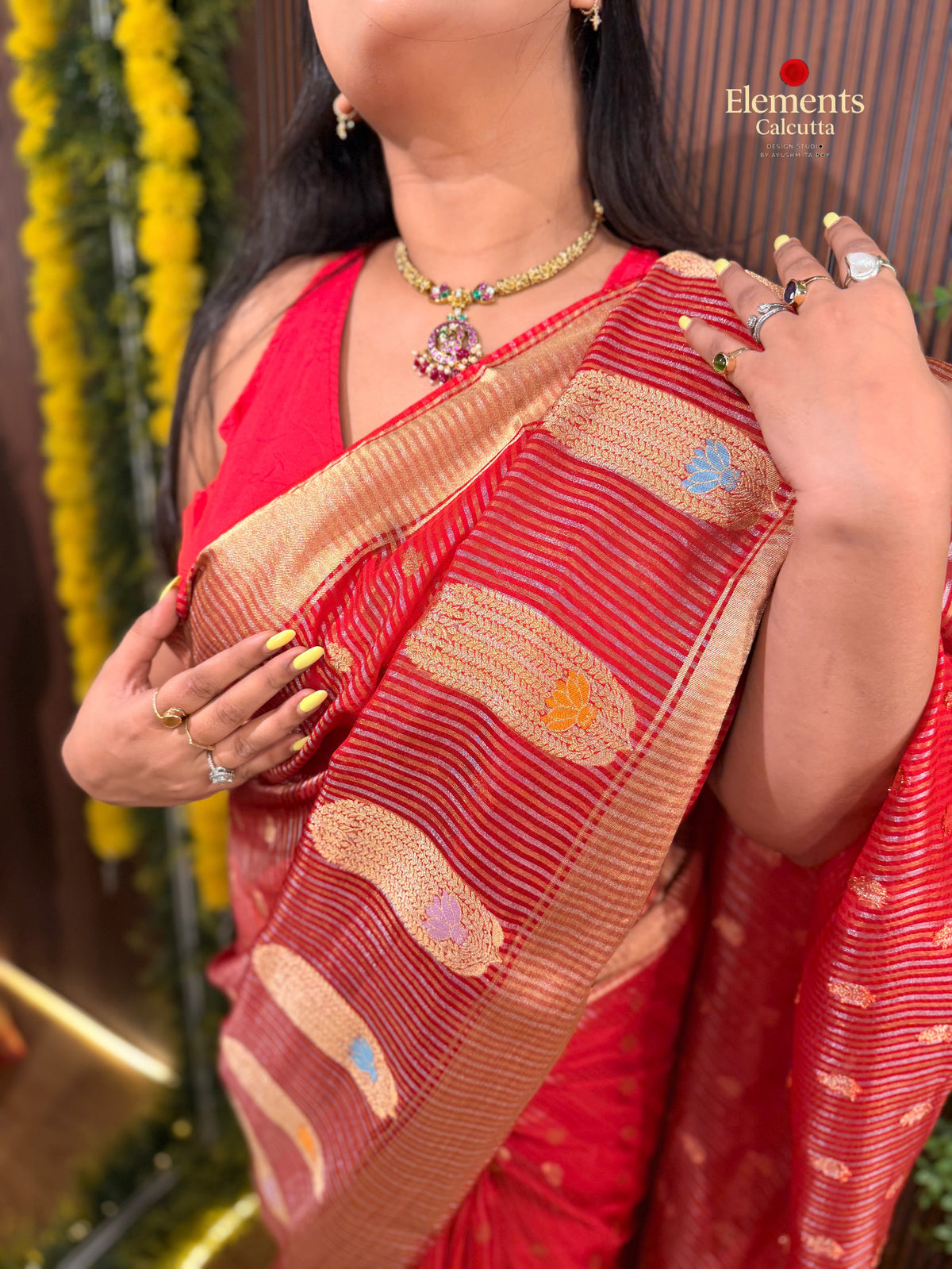 Benarasi Vermillion Red Tissue Silk Saree