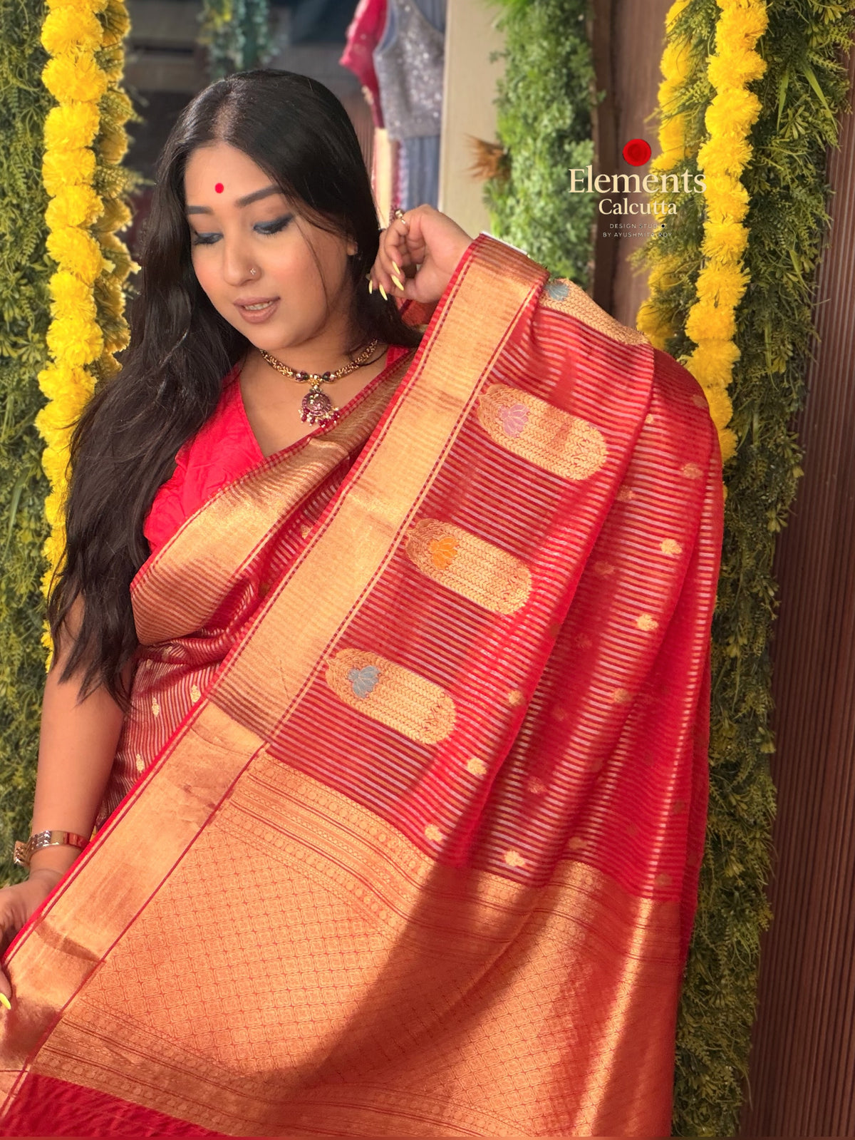 Benarasi Vermillion Red Tissue Silk Saree