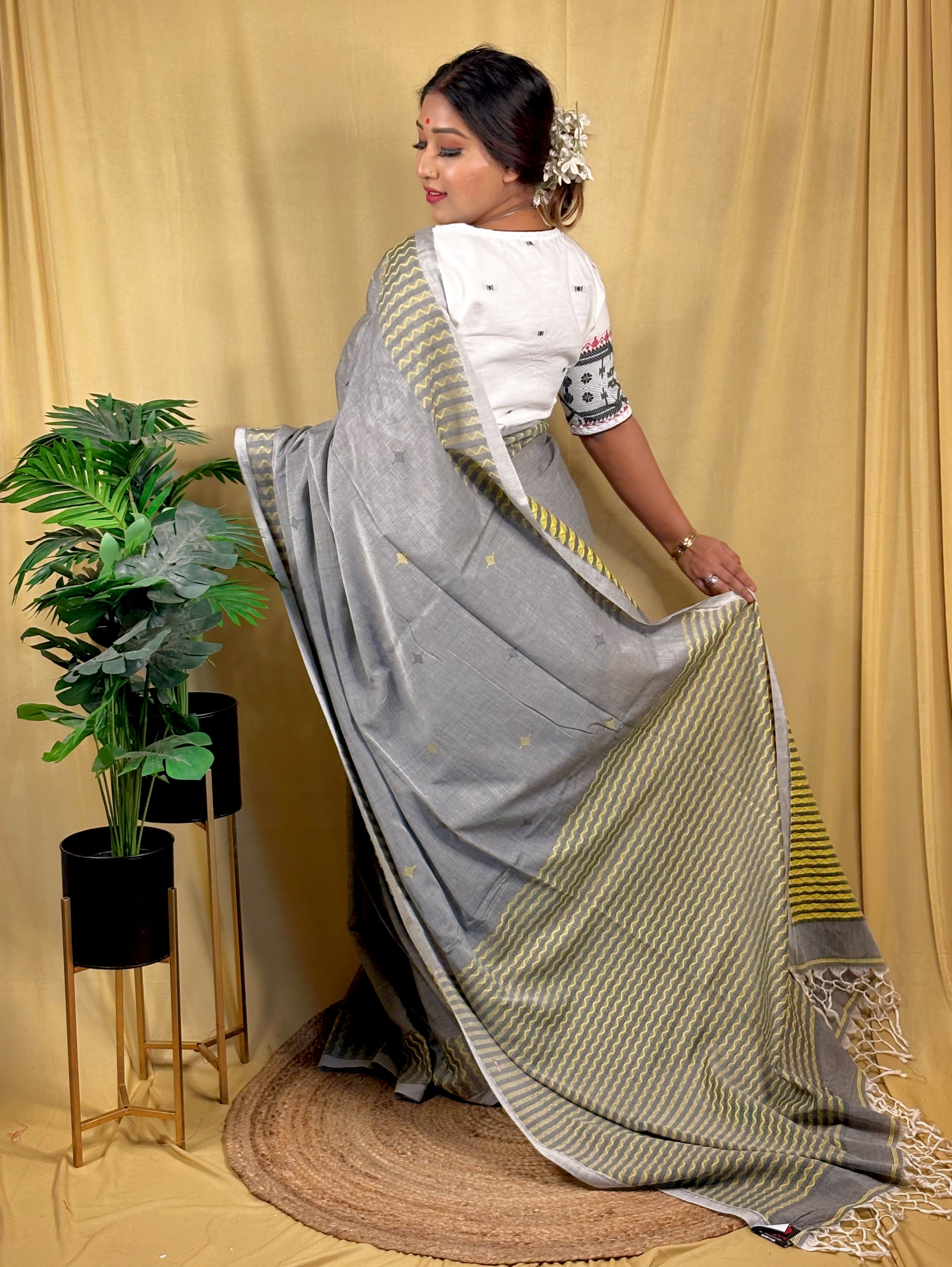 Graphite Grey Cotton Handloom Work-wear Saree