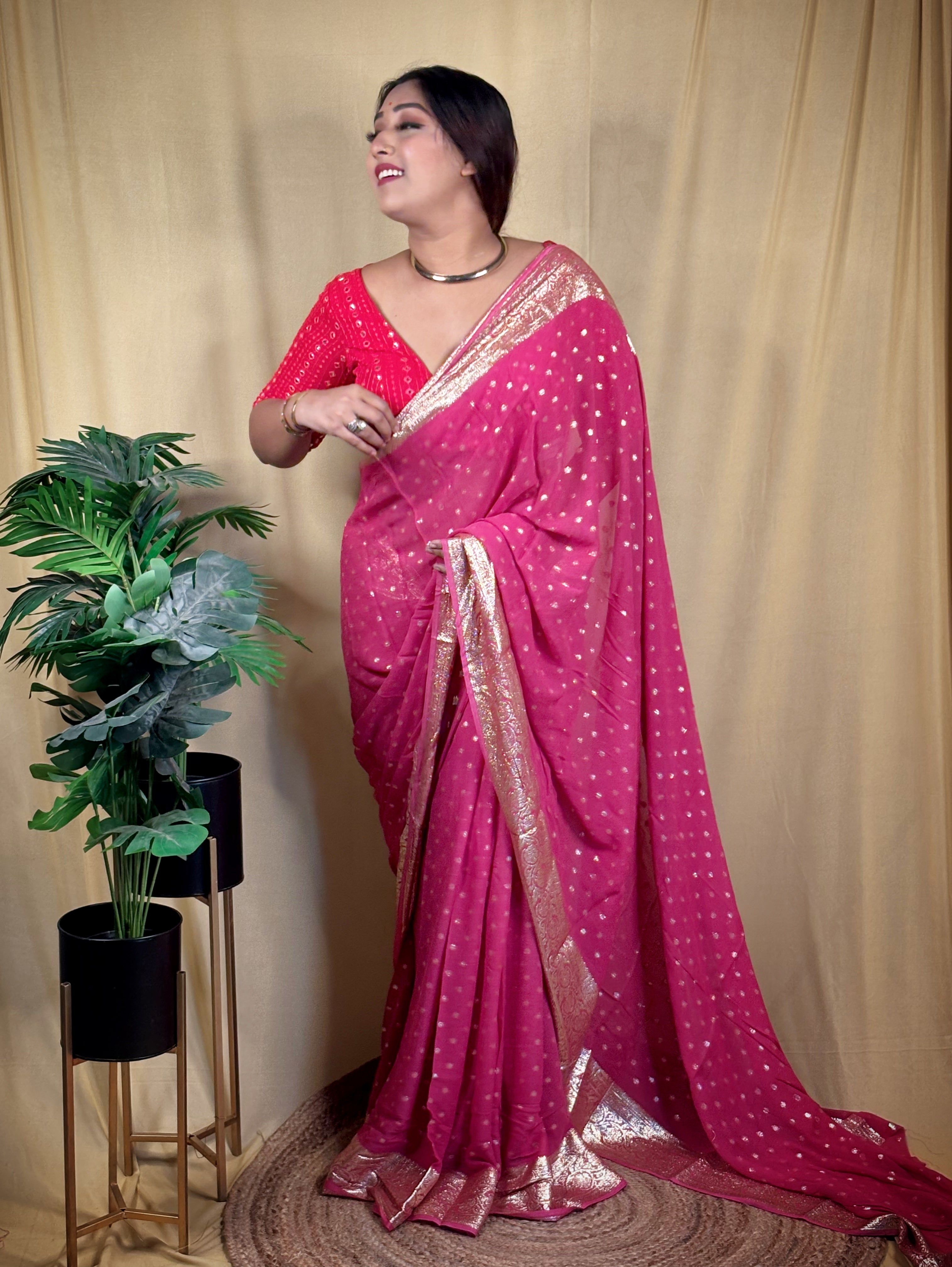 Gulabi Chiffon Zari Buta All Over Saree