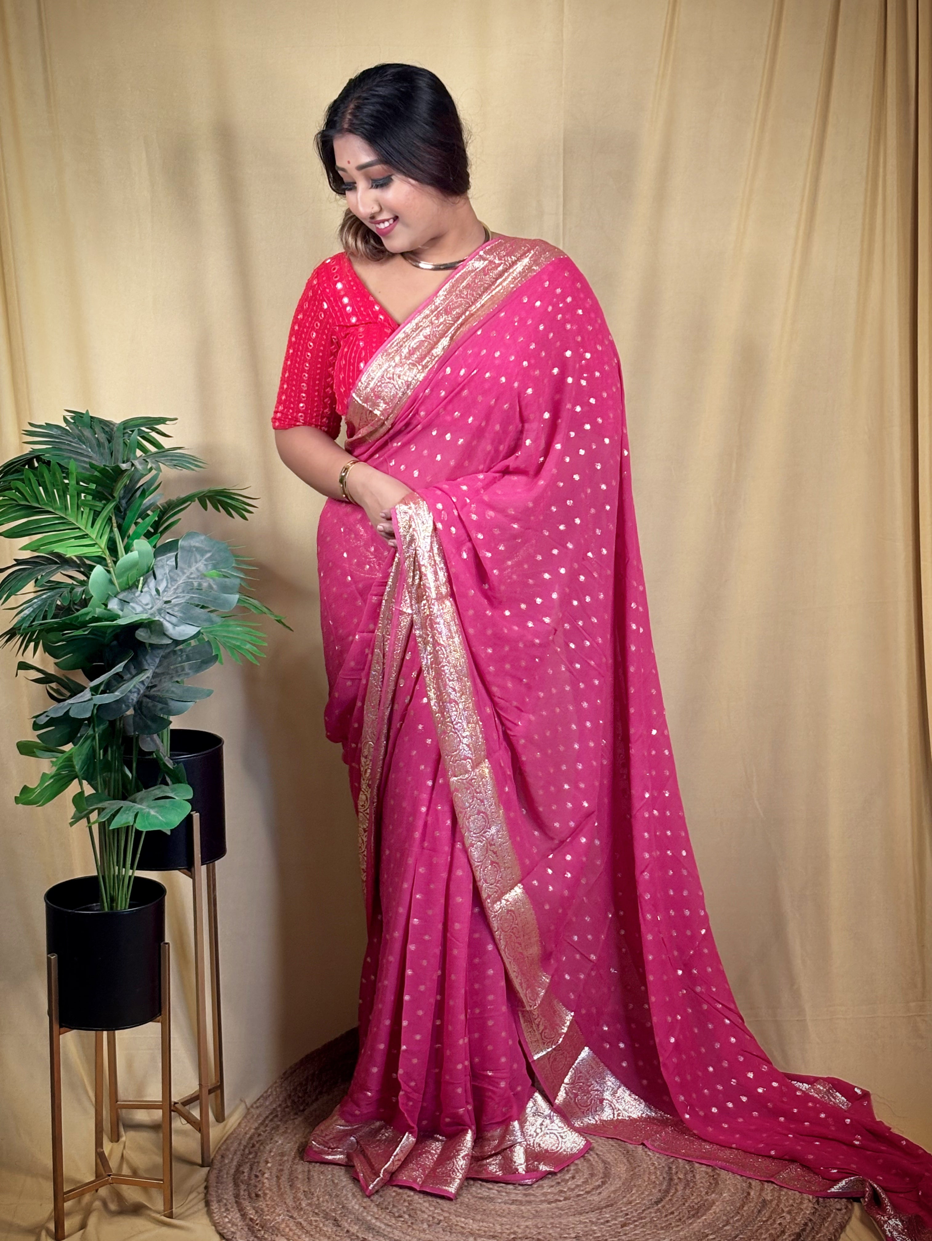 Gulabi Chiffon Zari Buta All Over Saree