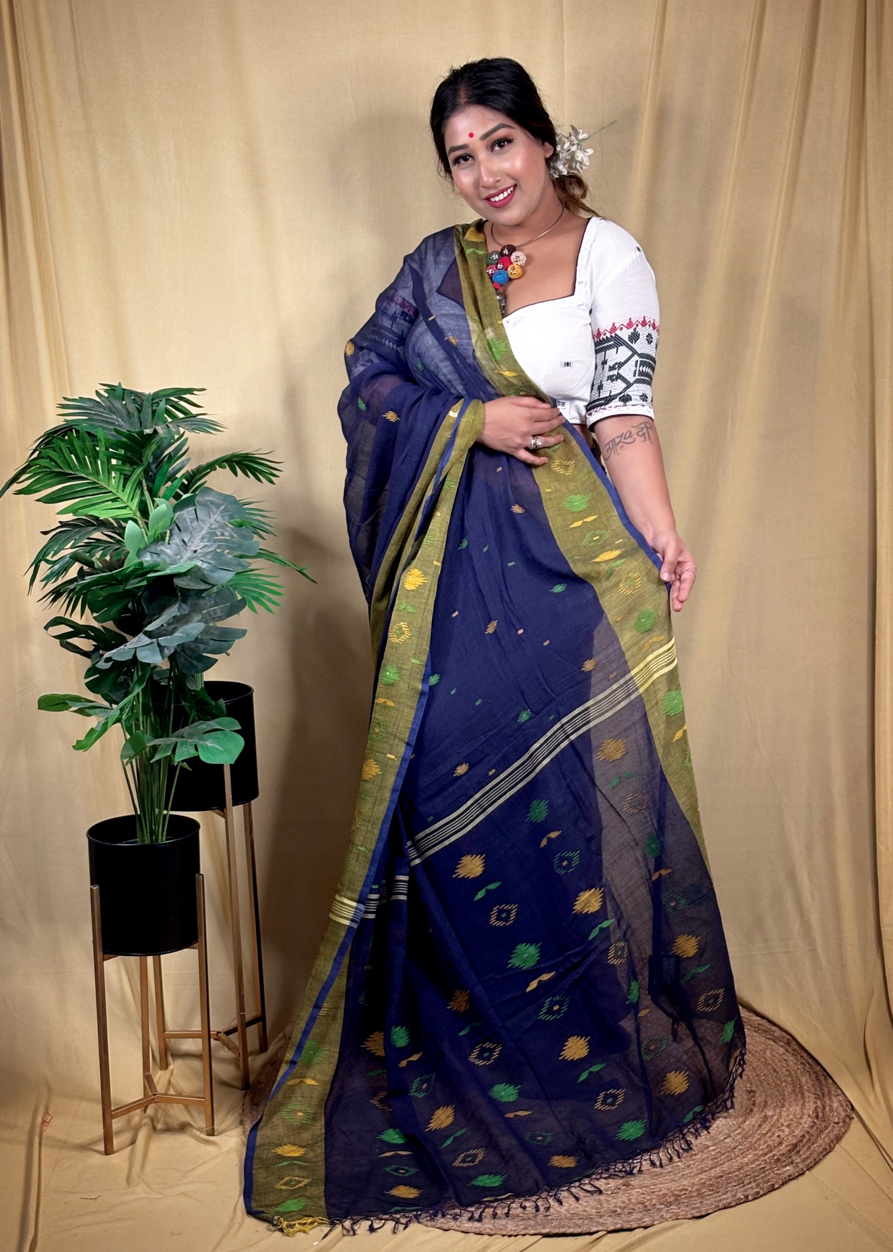 Malai Cotton Jamdani Saree (Handwoven)