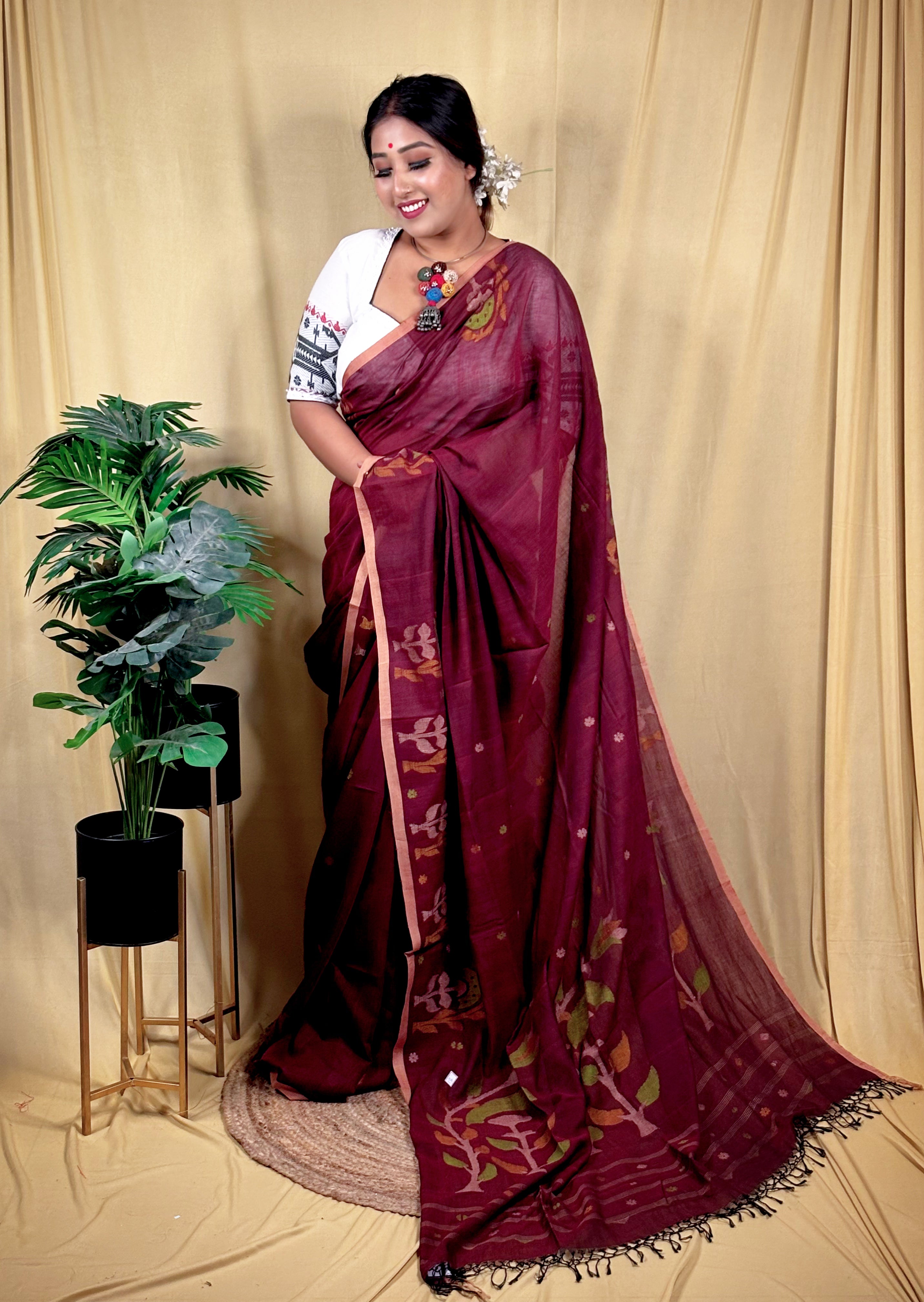 Malai Cotton Lata-pata Jamdani Saree (Handwoven)