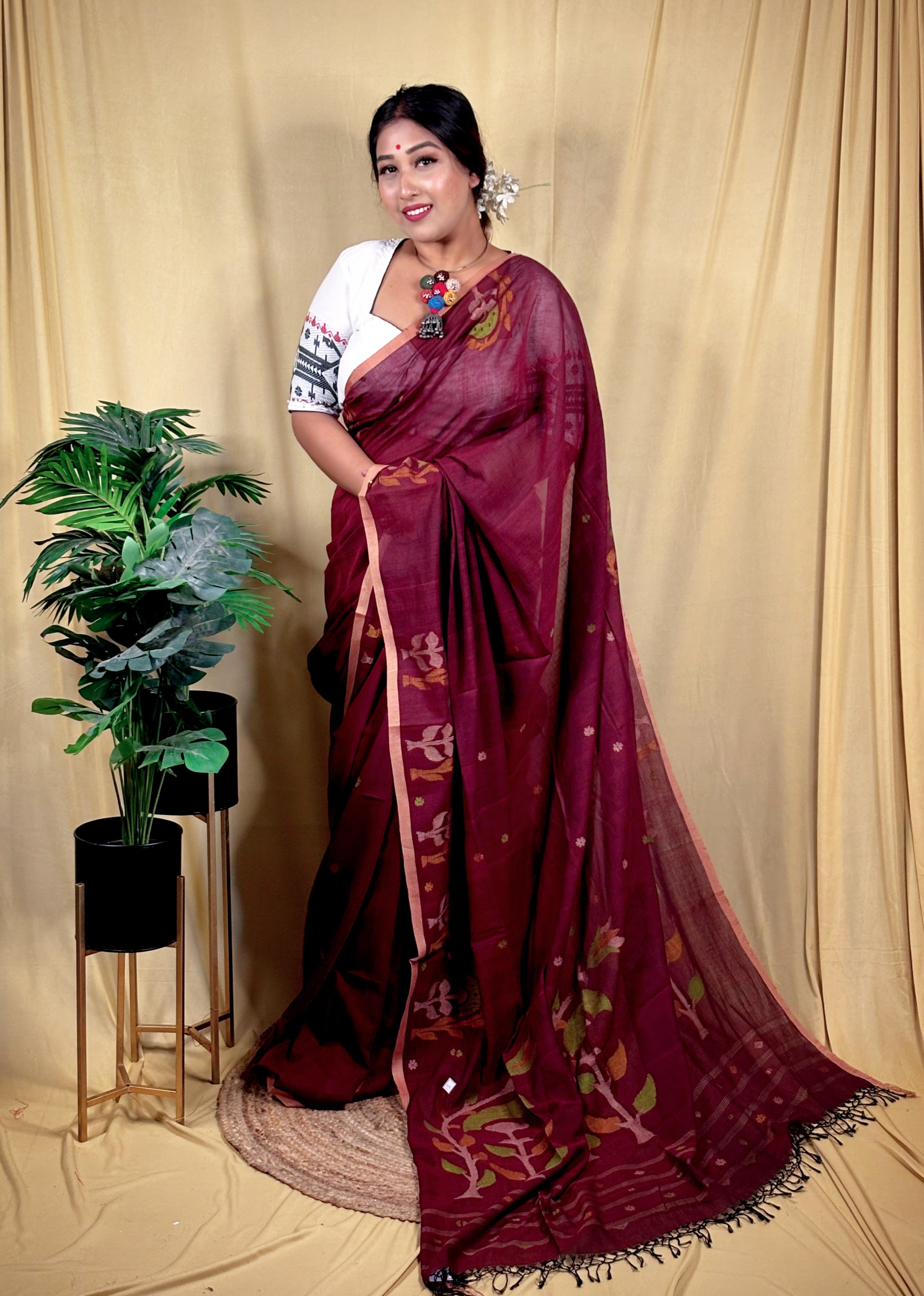Malai Cotton Lata-pata Jamdani Saree (Handwoven)