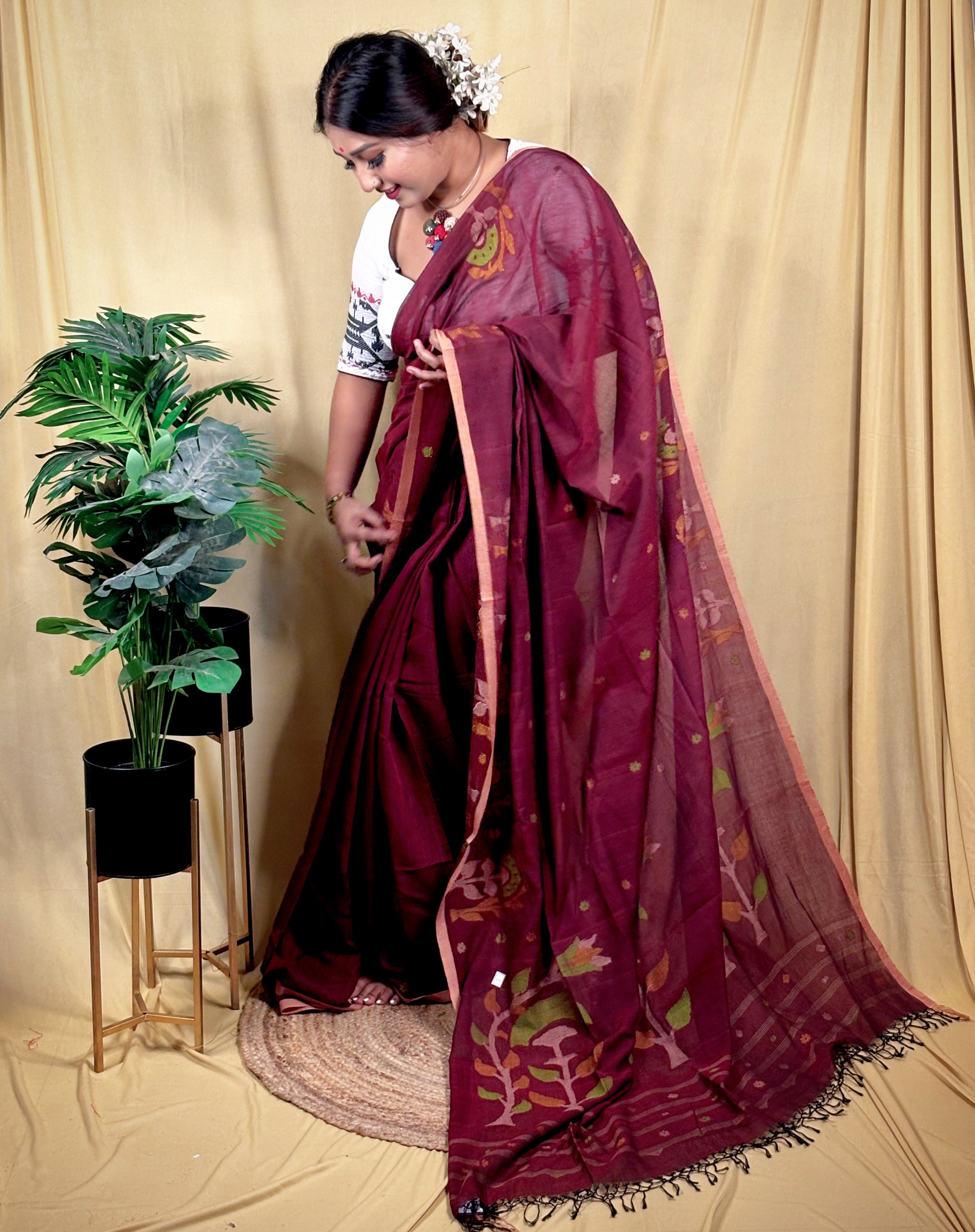 Malai Cotton Lata-pata Jamdani Saree (Handwoven)