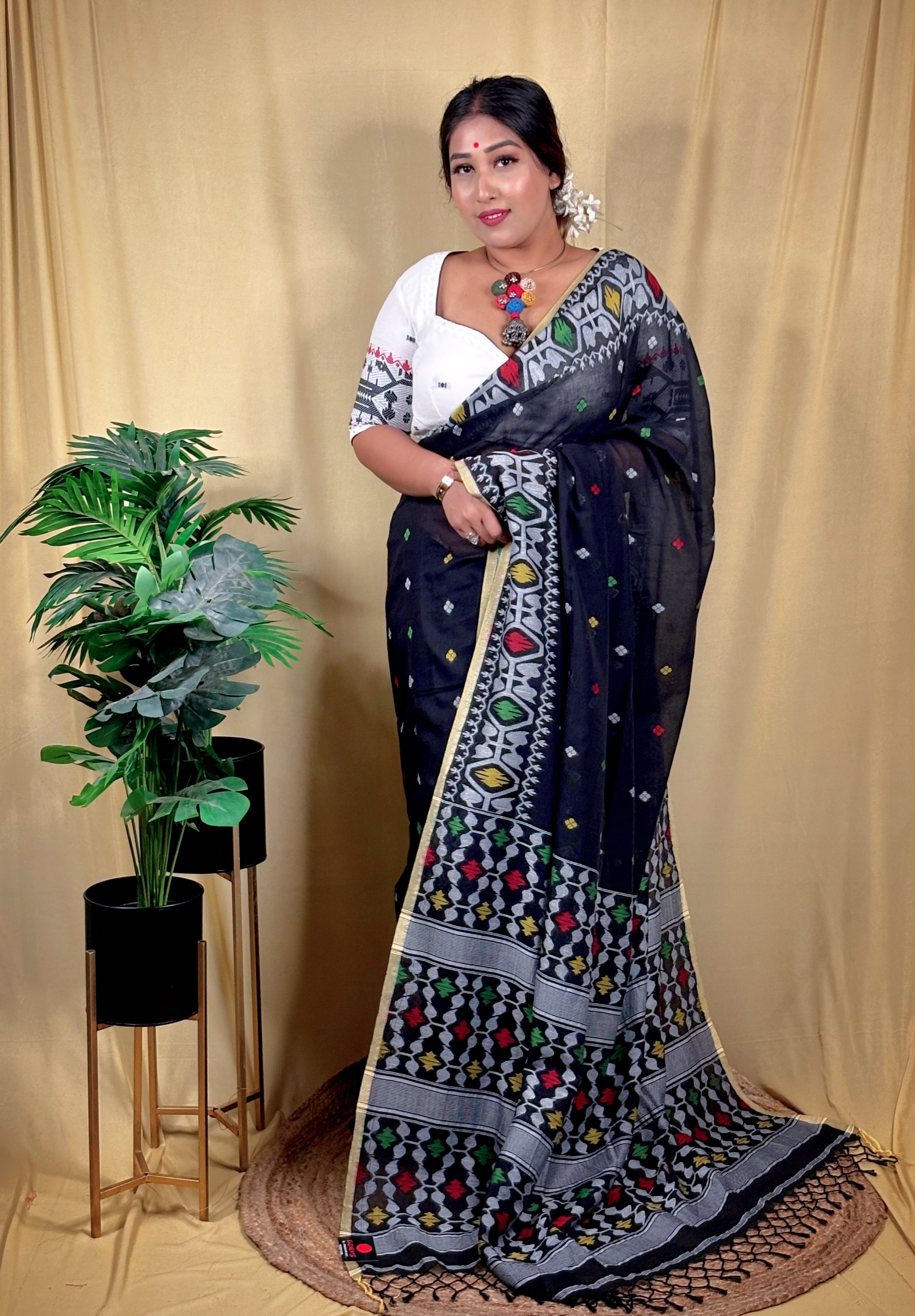 Malai Cotton Shabeki Jamdani Saree (Handwoven)