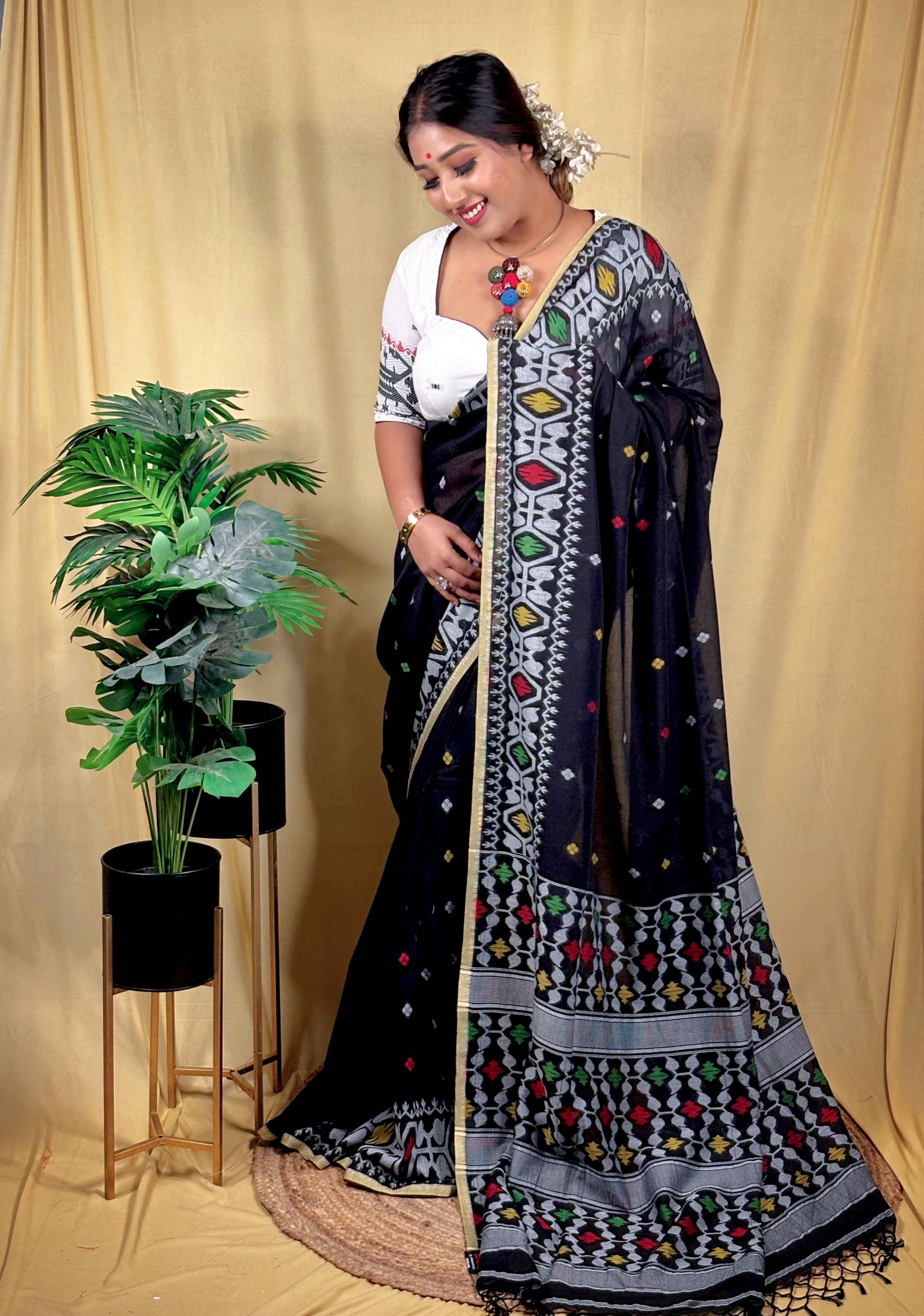 Malai Cotton Shabeki Jamdani Saree (Handwoven)
