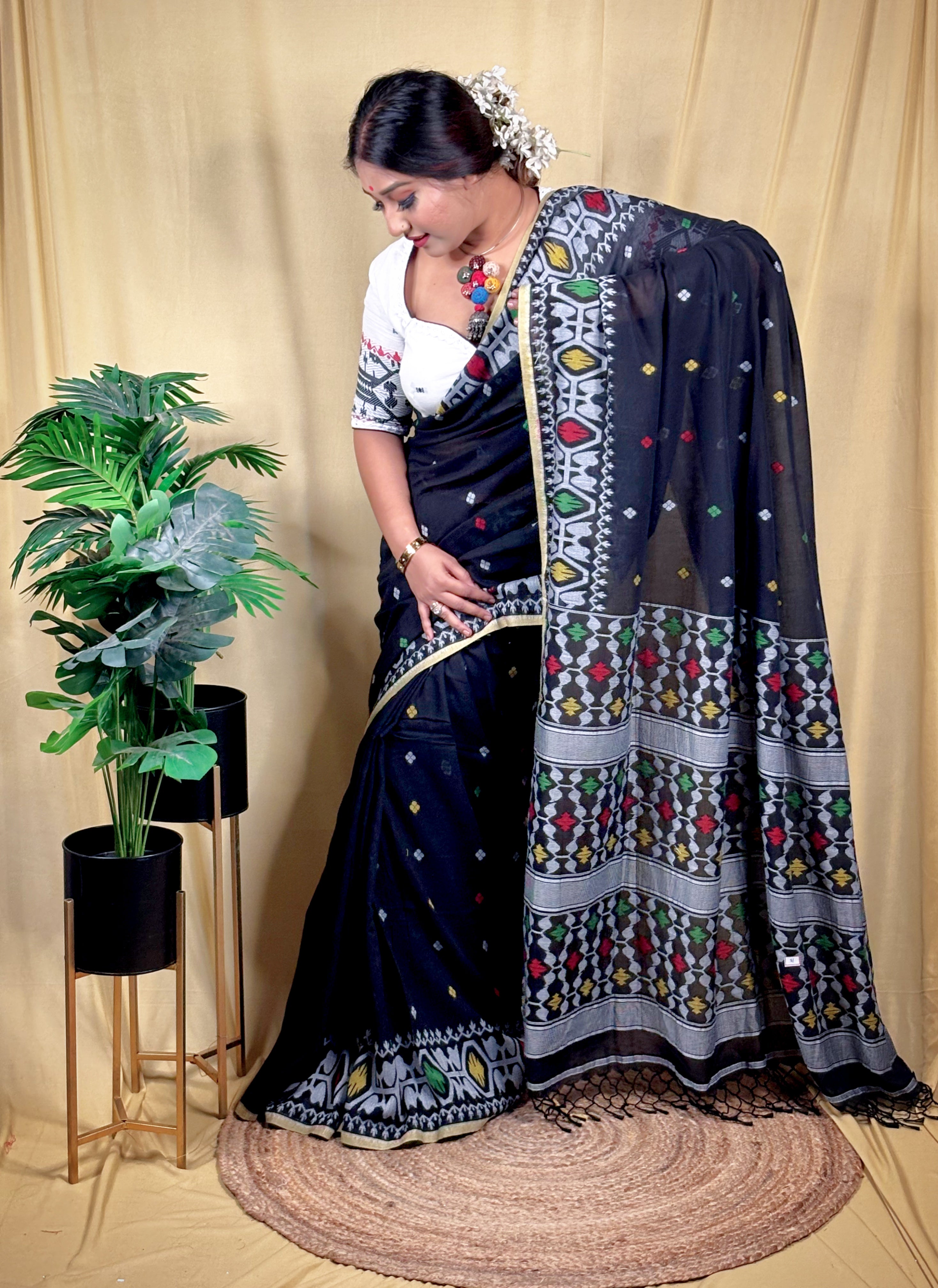 Malai Cotton Shabeki Jamdani Saree (Handwoven)