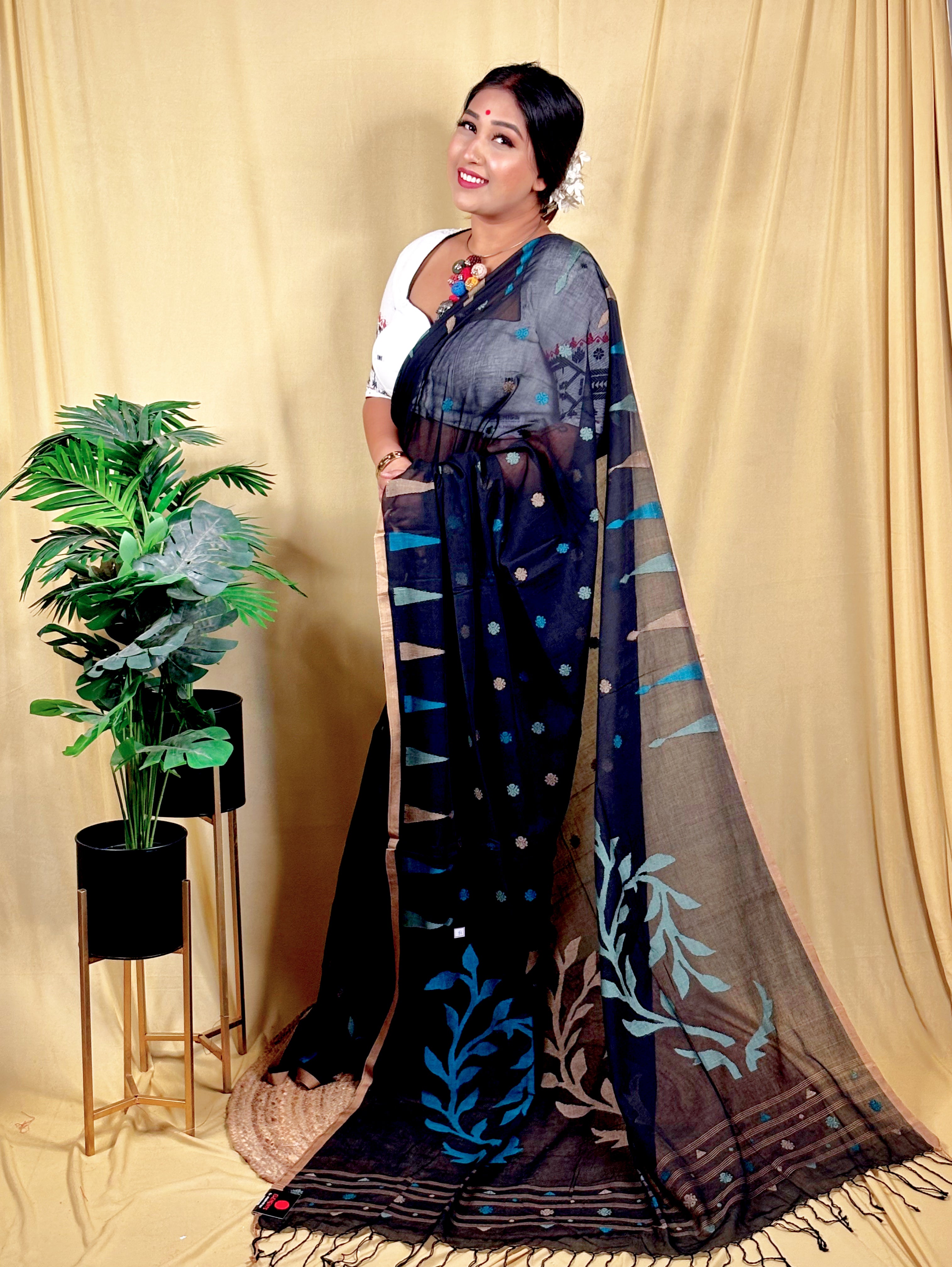 Malai Cotton Temple Border Jamdani Saree (Handwoven)