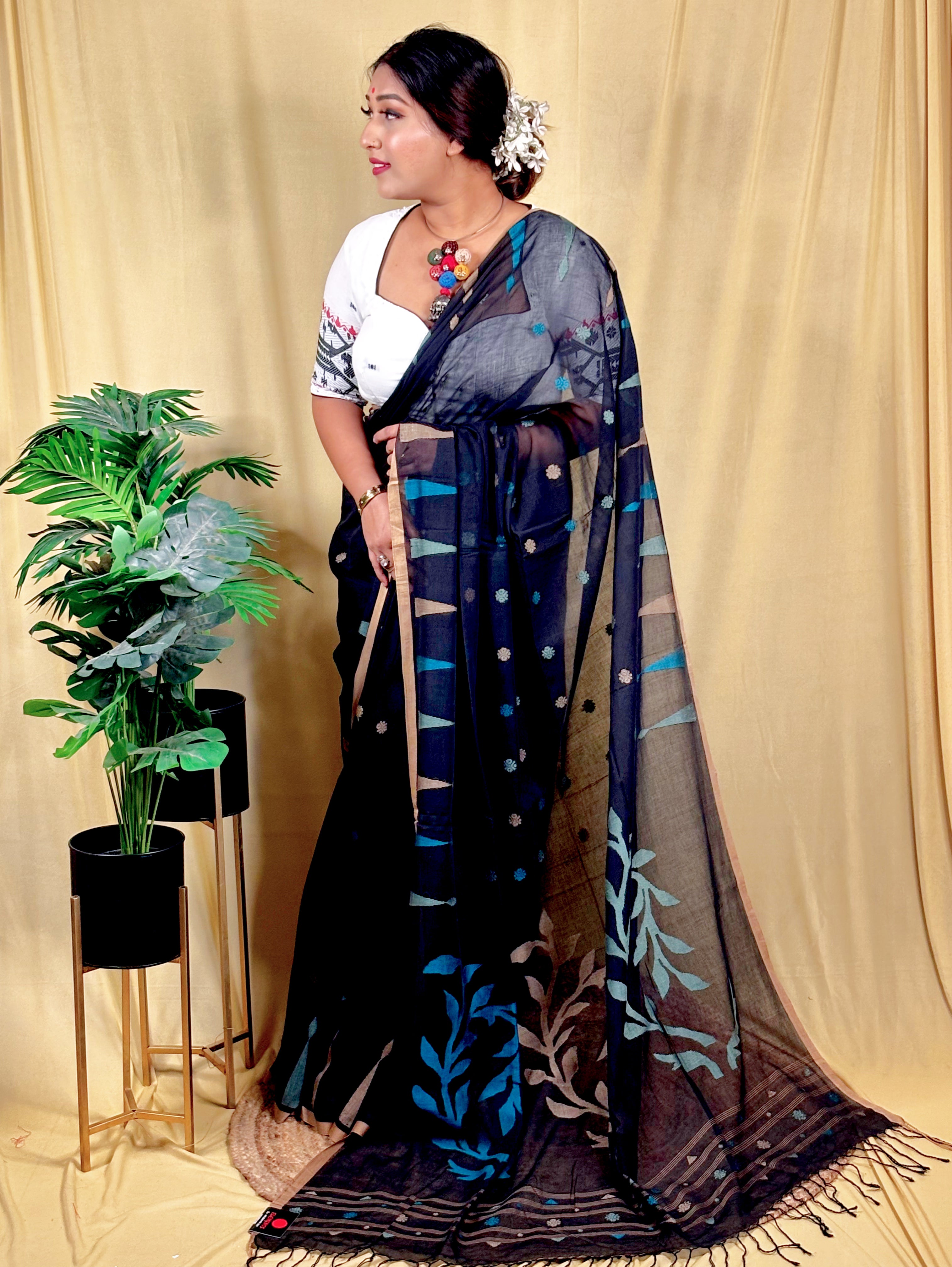 Malai Cotton Temple Border Jamdani Saree (Handwoven)