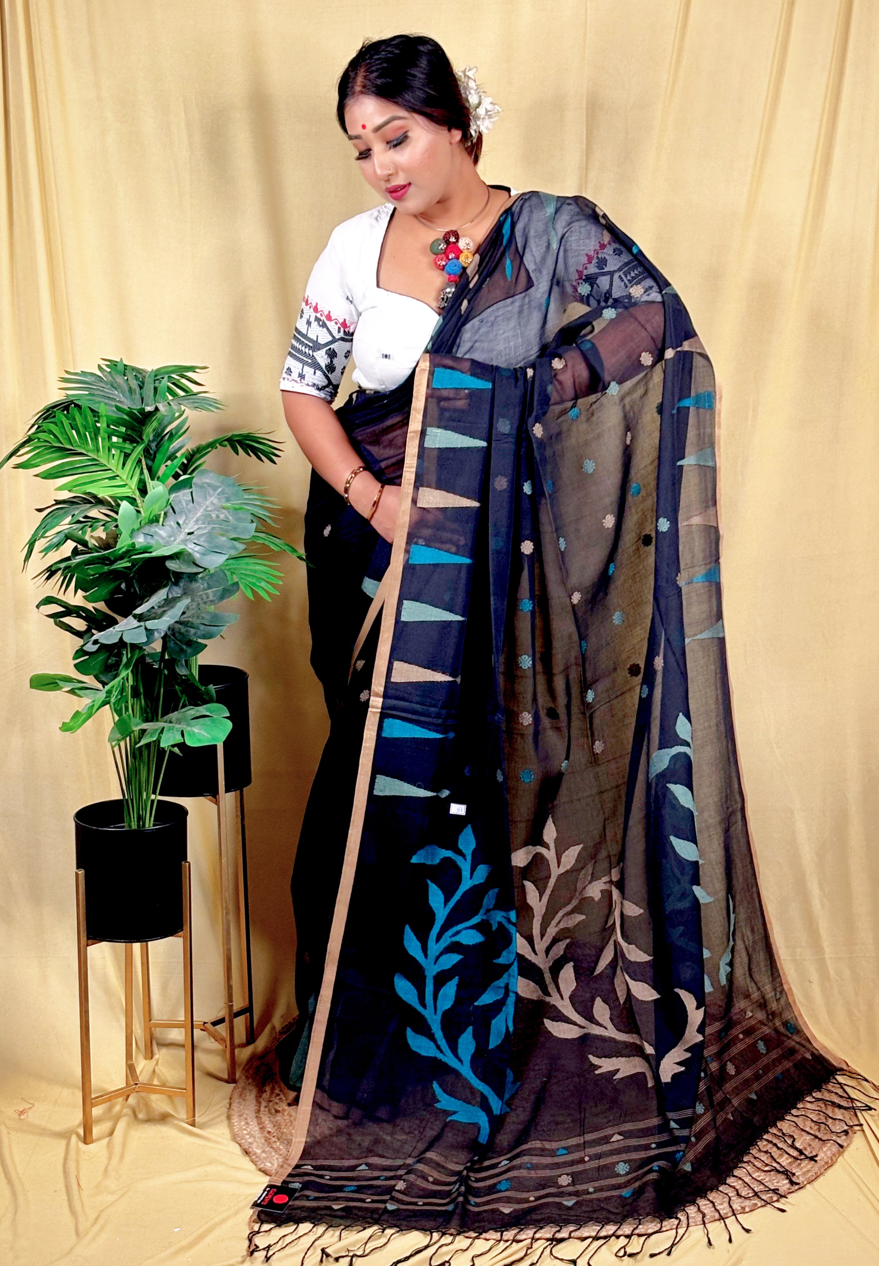 Malai Cotton Temple Border Jamdani Saree (Handwoven)