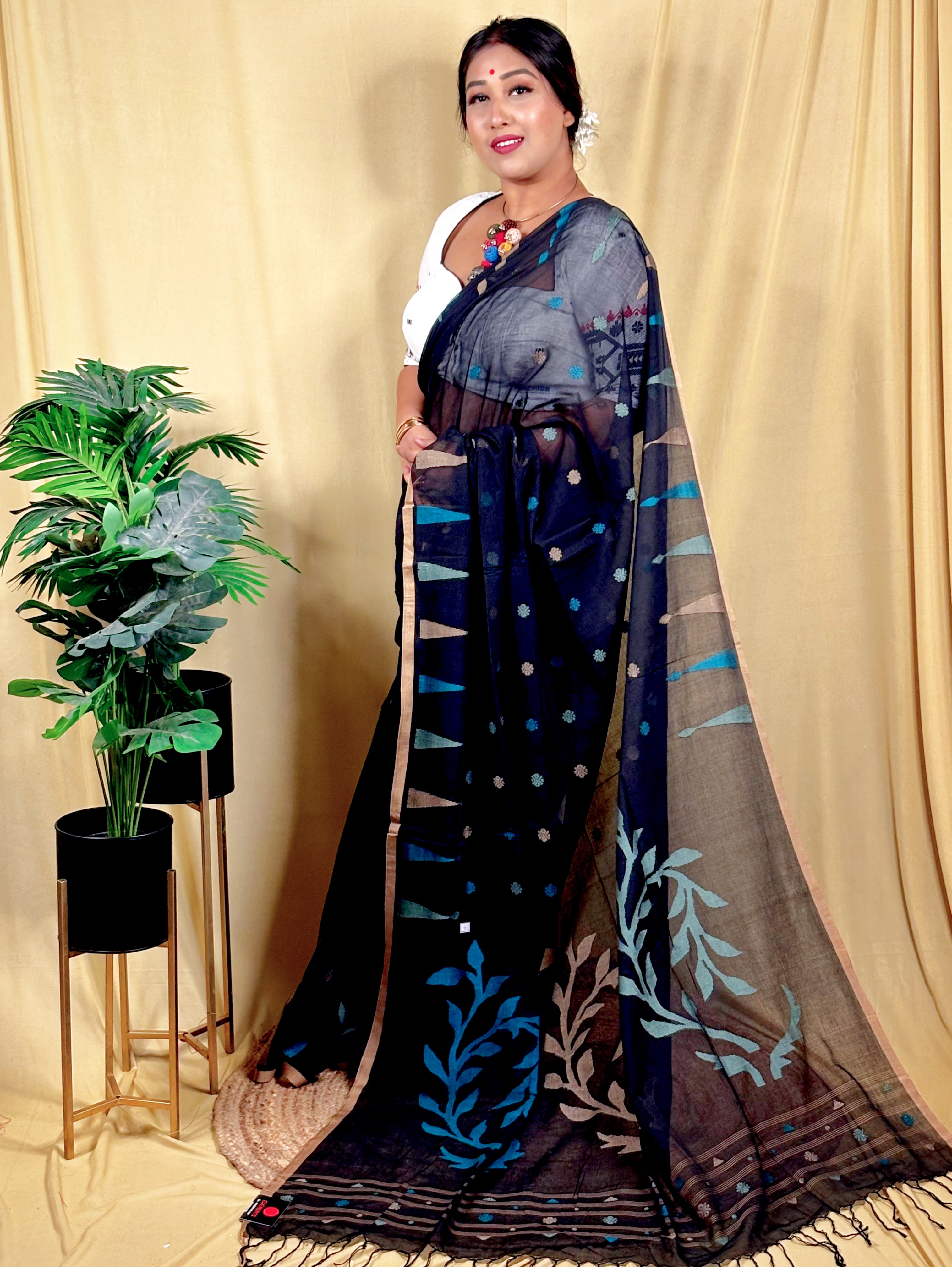 Malai Cotton Temple Border Jamdani Saree (Handwoven)