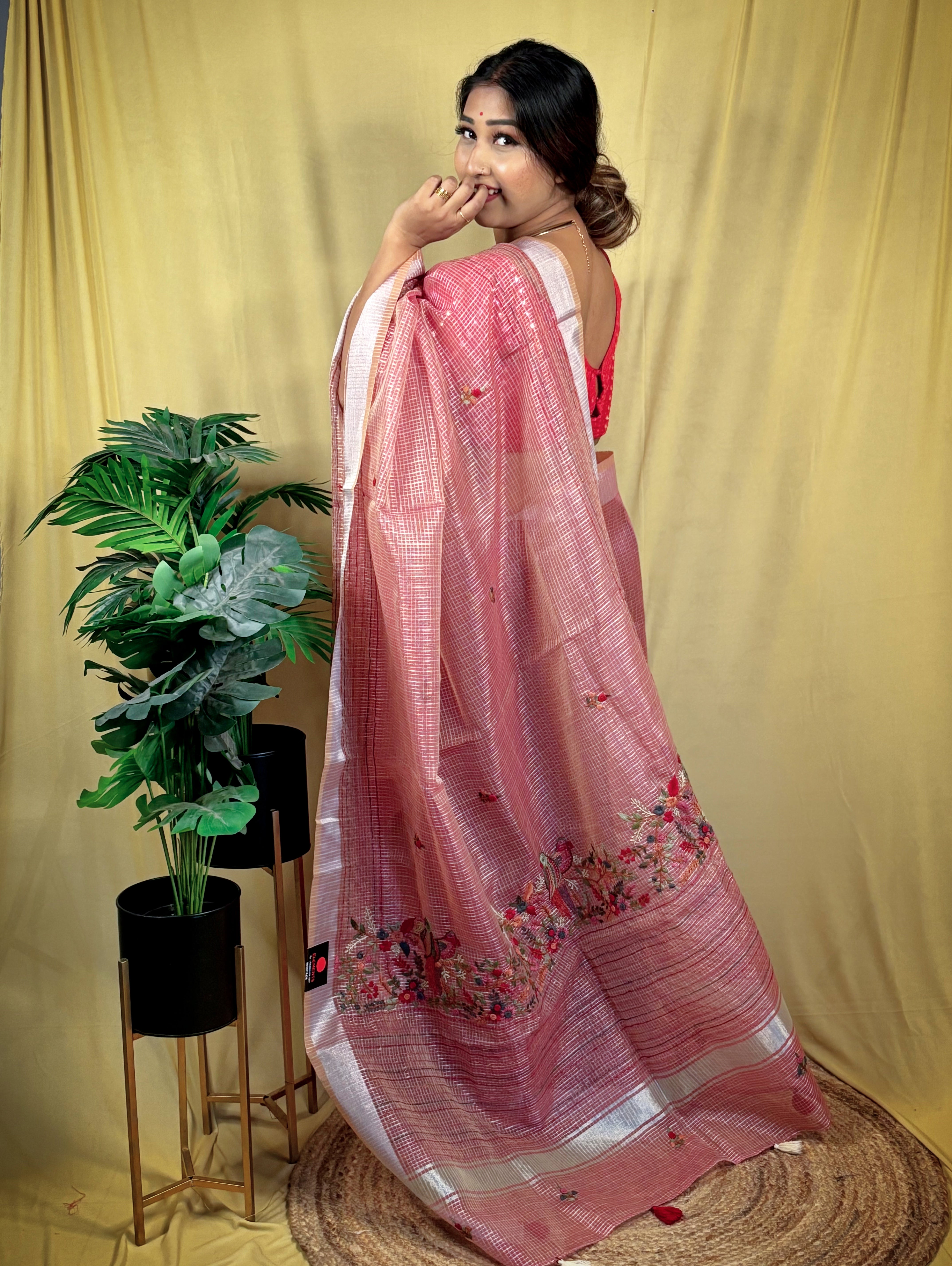 Organza Bulian Stitch Checkered Saree