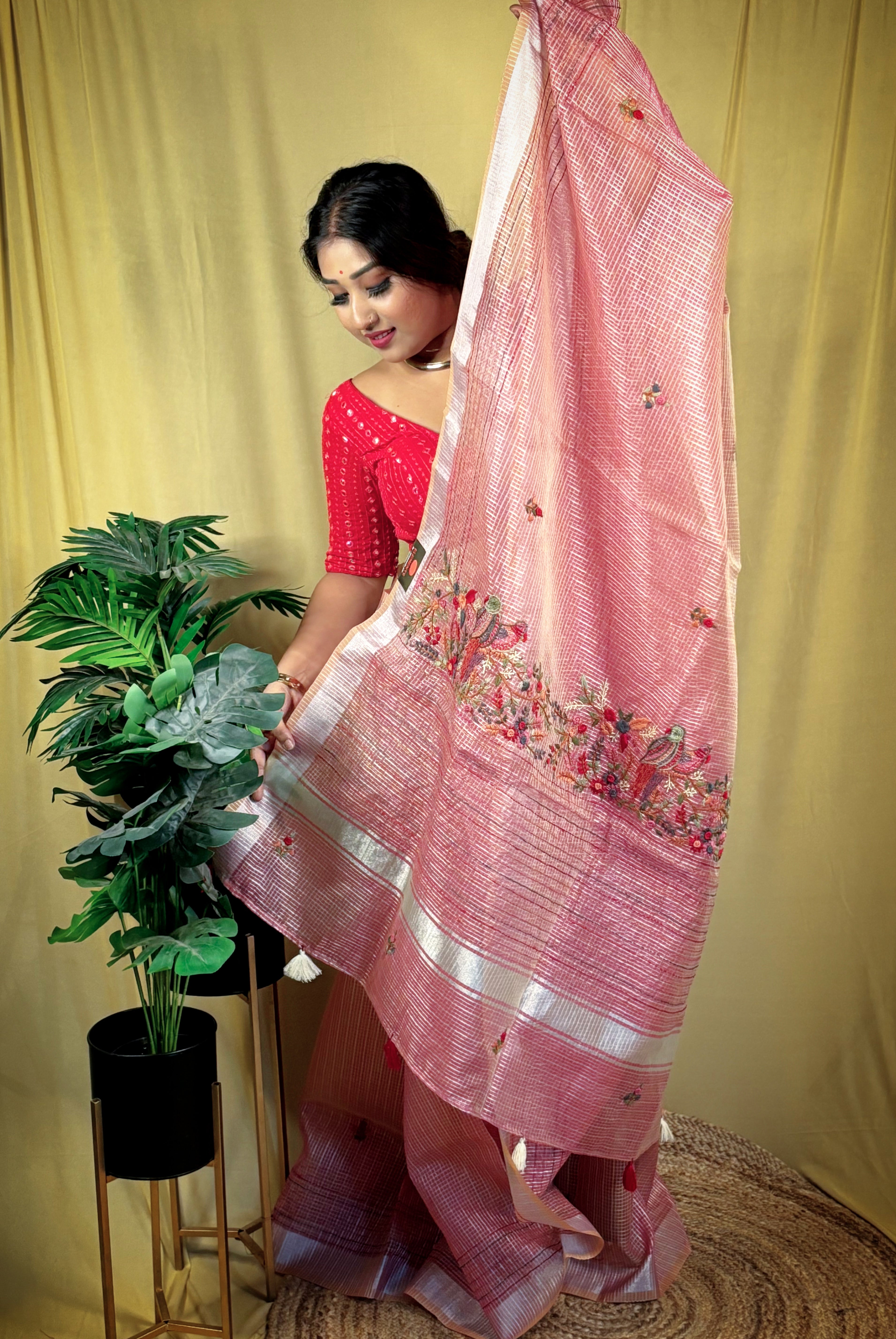 Organza Bulian Stitch Checkered Saree