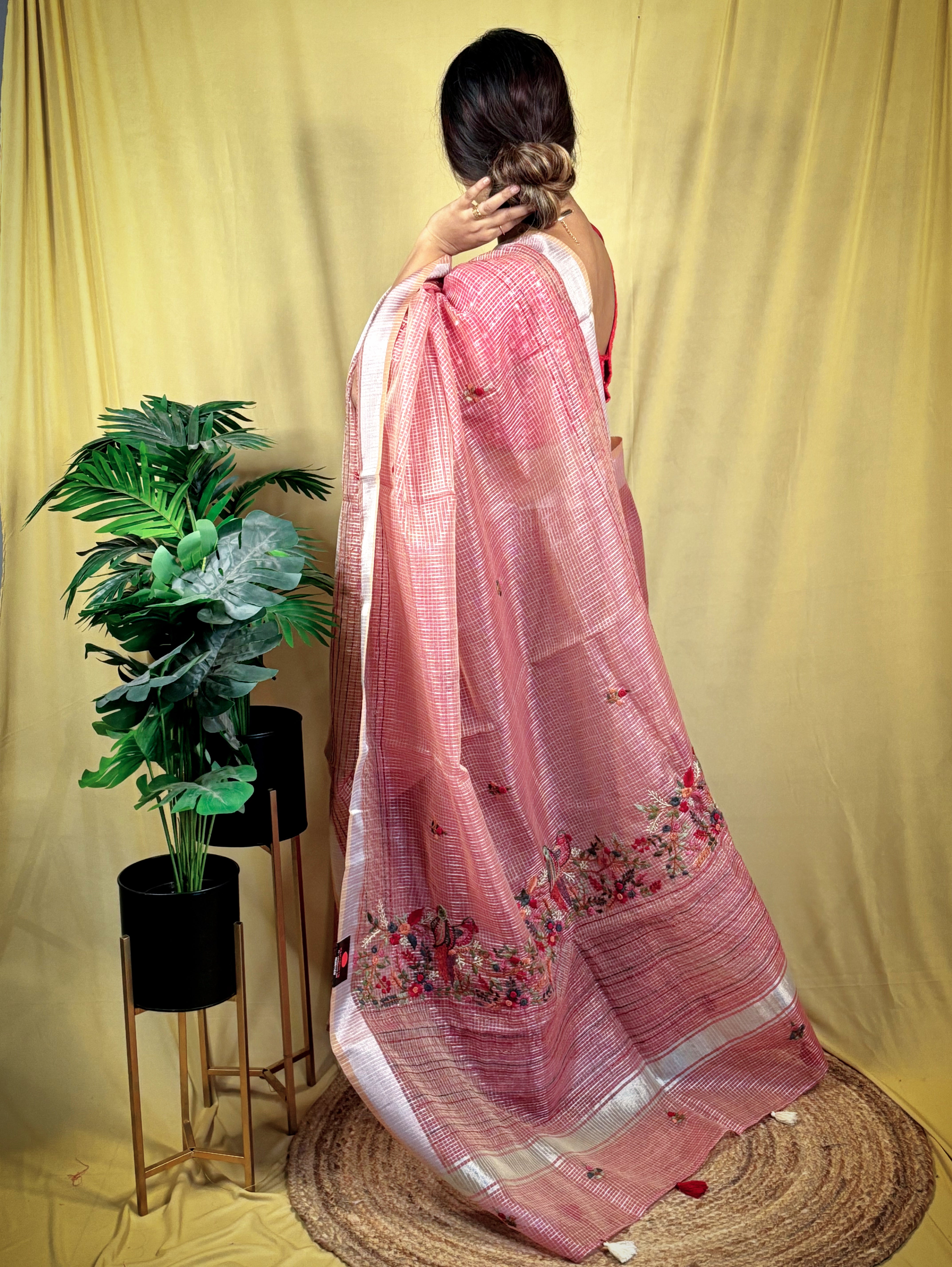 Organza Bulian Stitch Checkered Saree