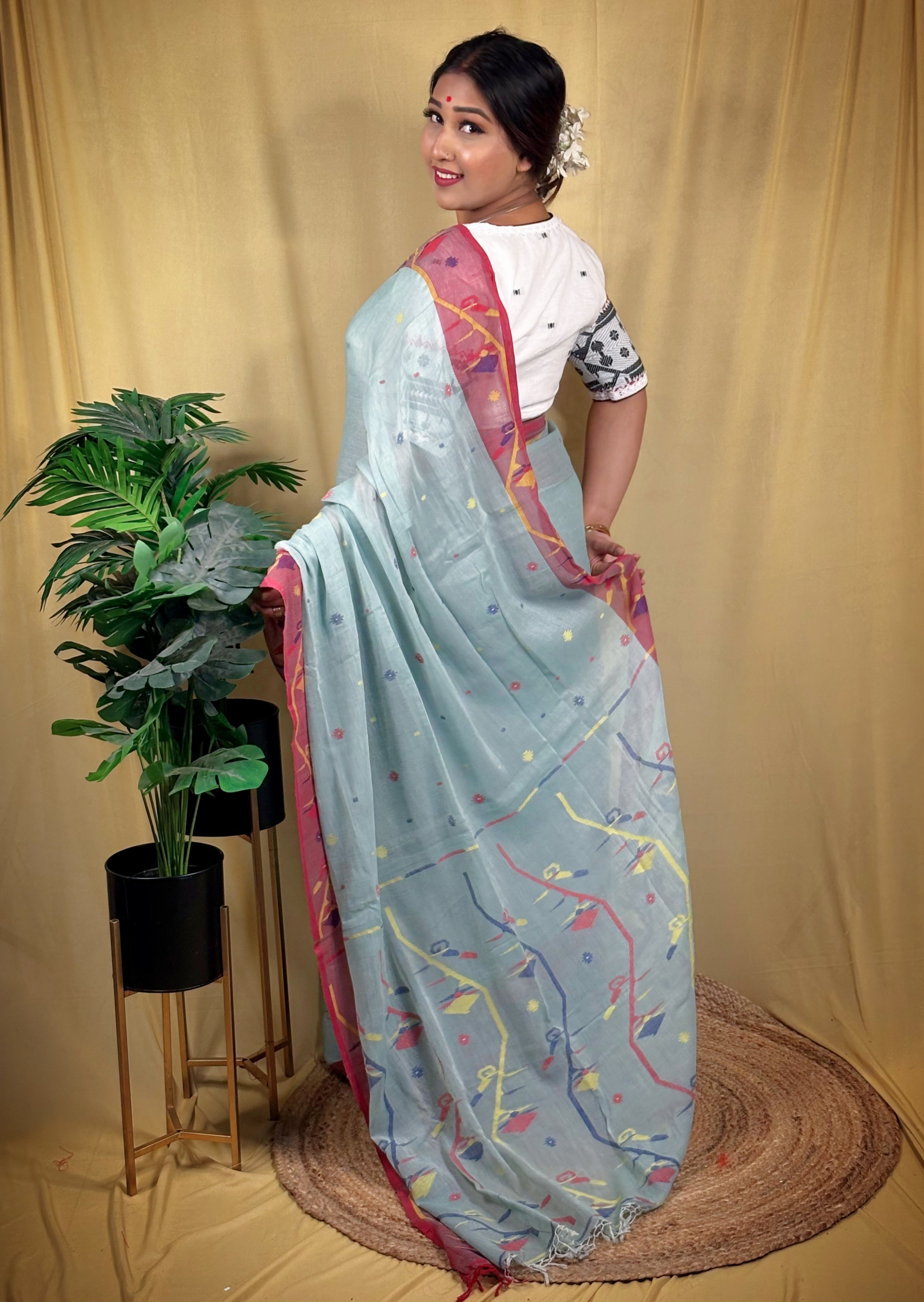 Premium Handwoven Malai Cotton Jamdani Saree