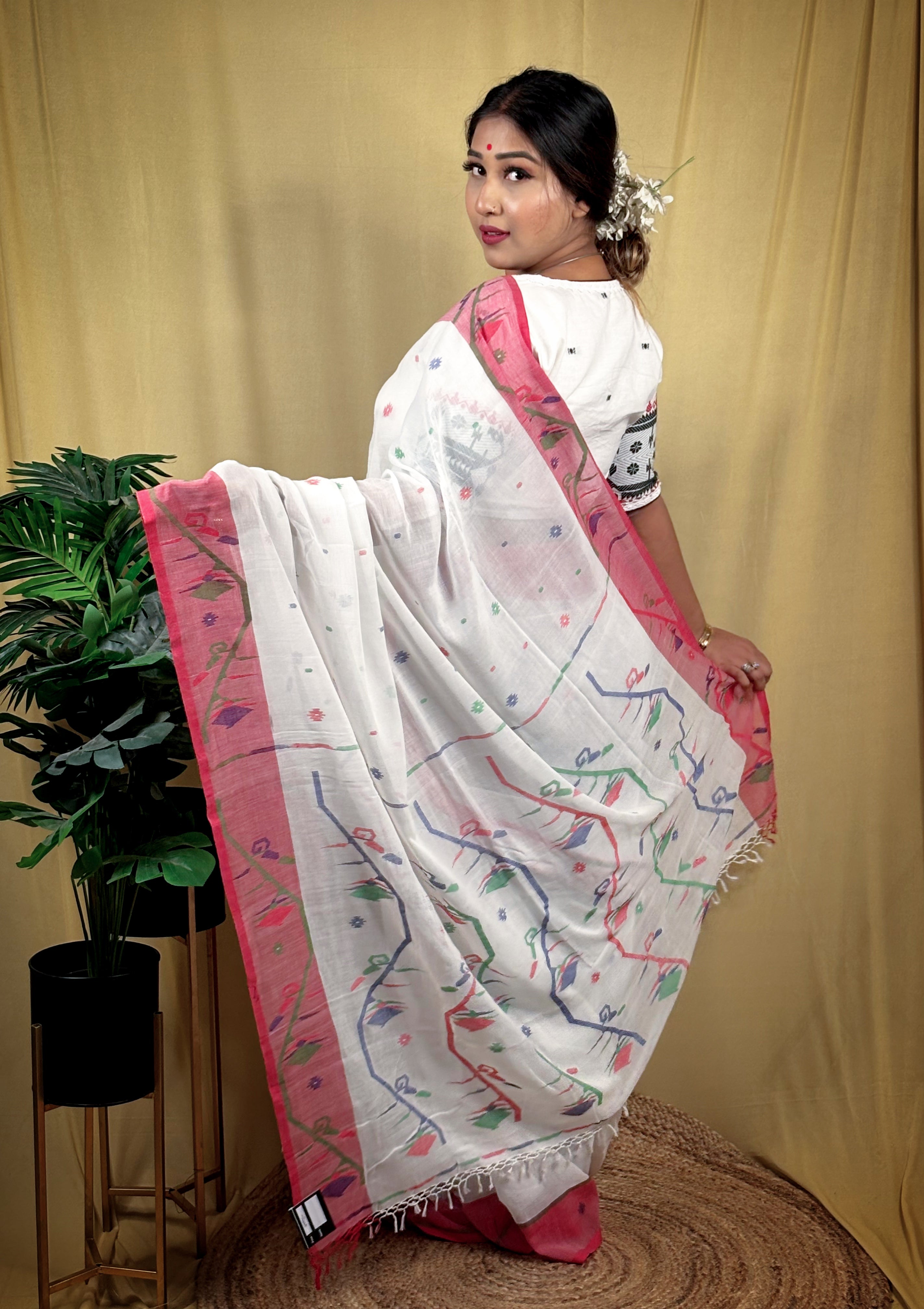 Premium Handwoven Malai Cotton Jamdani Saree