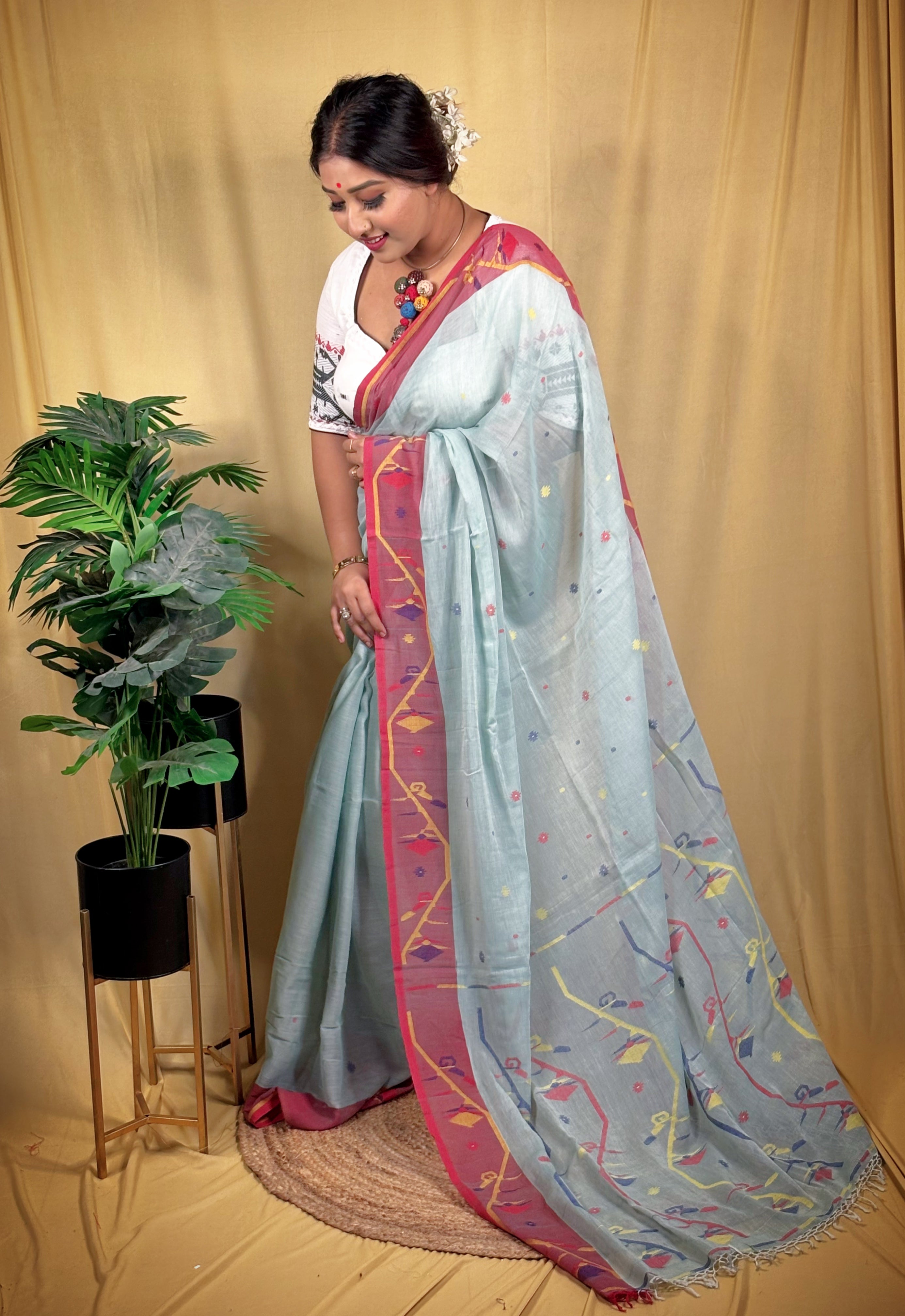 Premium Handwoven Malai Cotton Jamdani Saree