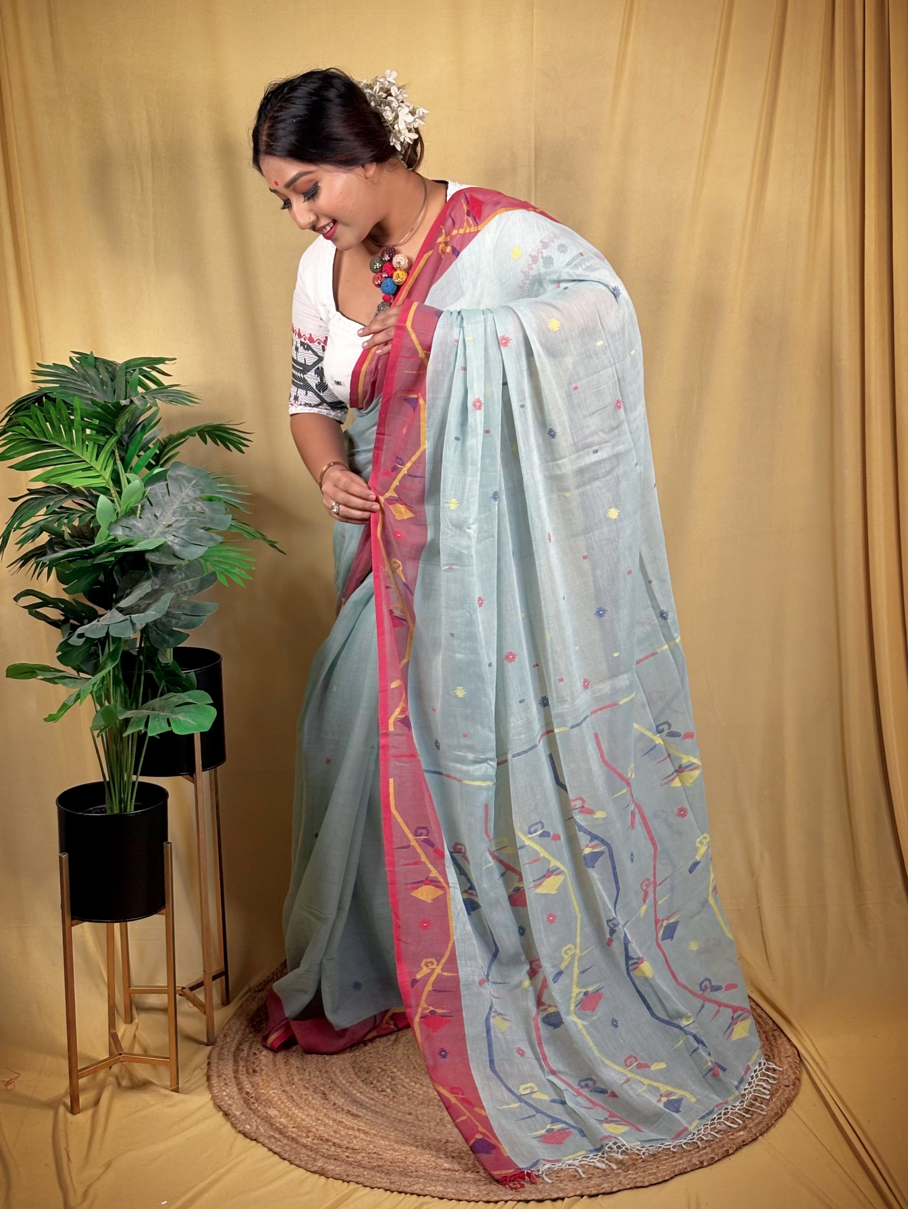 Premium Handwoven Malai Cotton Jamdani Saree
