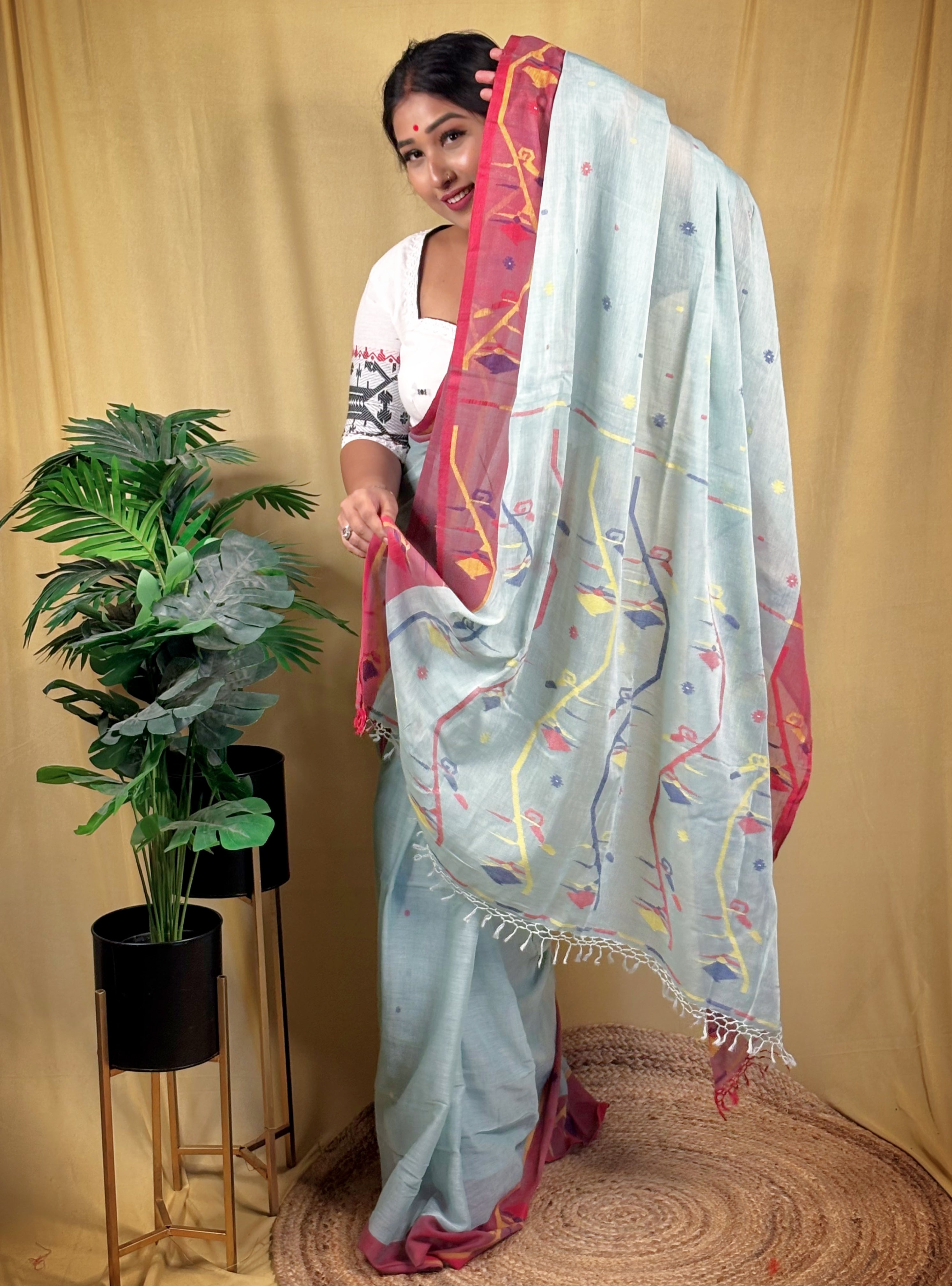 Premium Handwoven Malai Cotton Jamdani Saree
