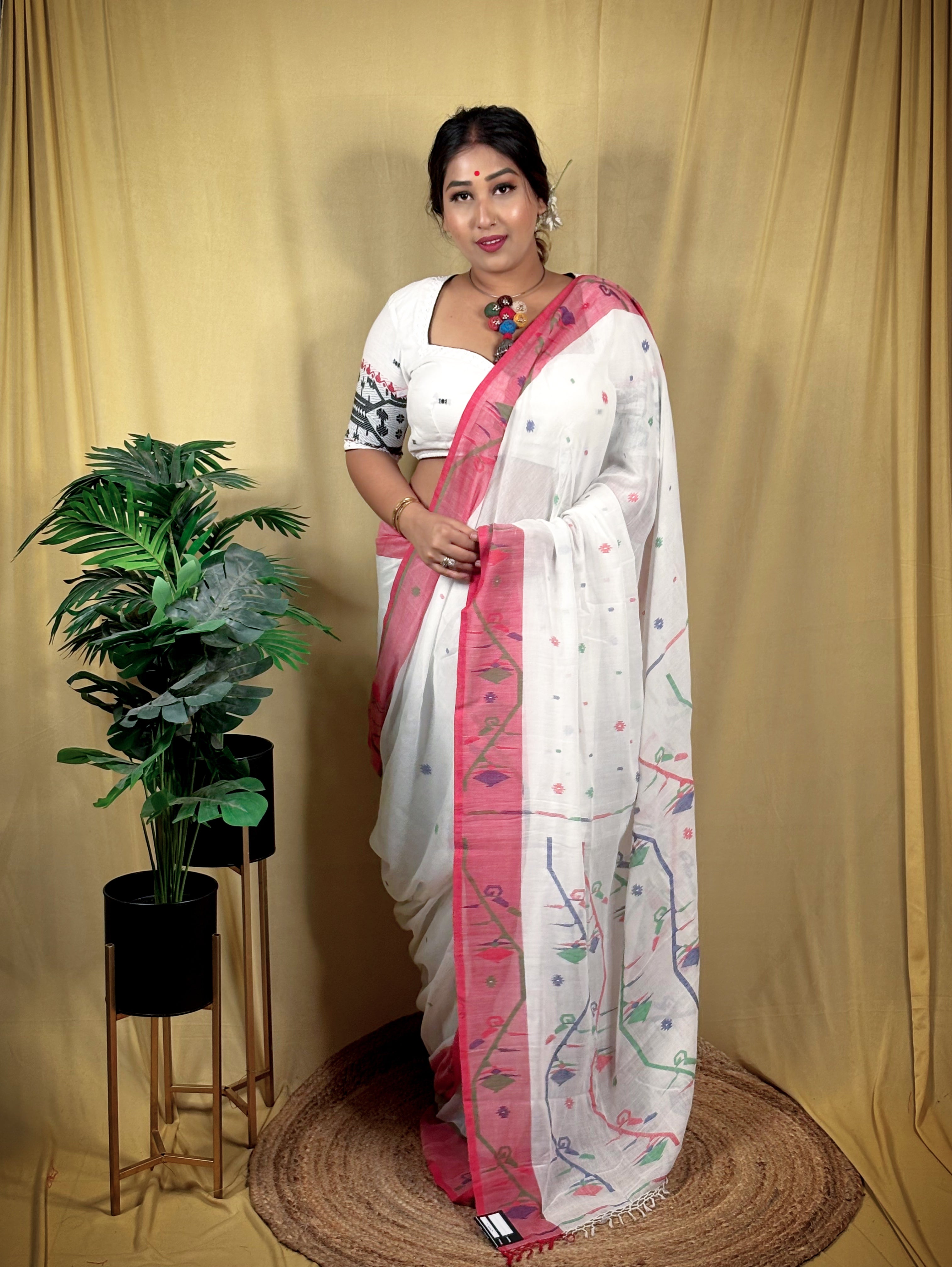 Premium Handwoven Malai Cotton Jamdani Saree
