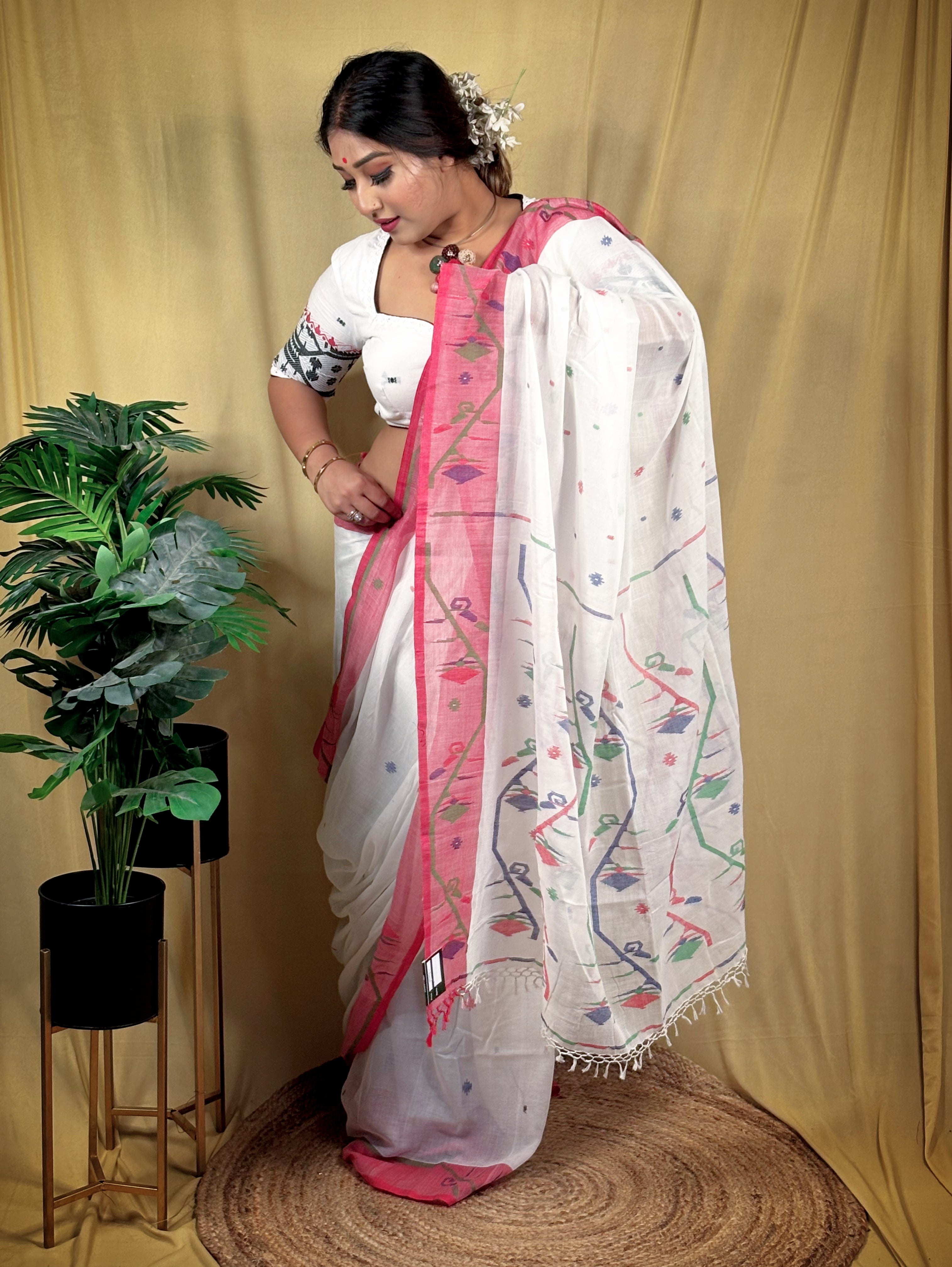 Premium Handwoven Malai Cotton Jamdani Saree