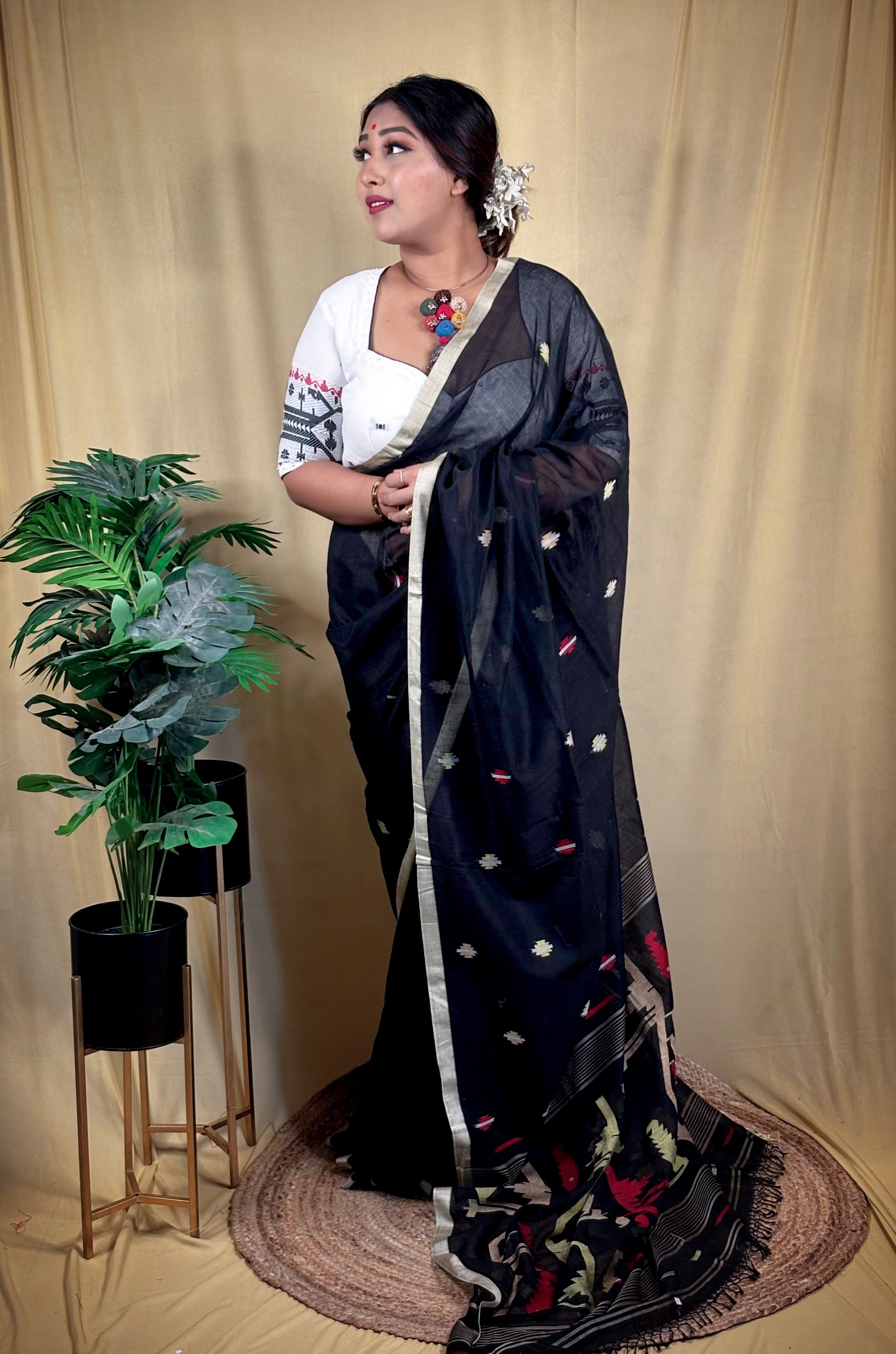 Premium Malai Cotton Jamdani Saree (Handwoven)