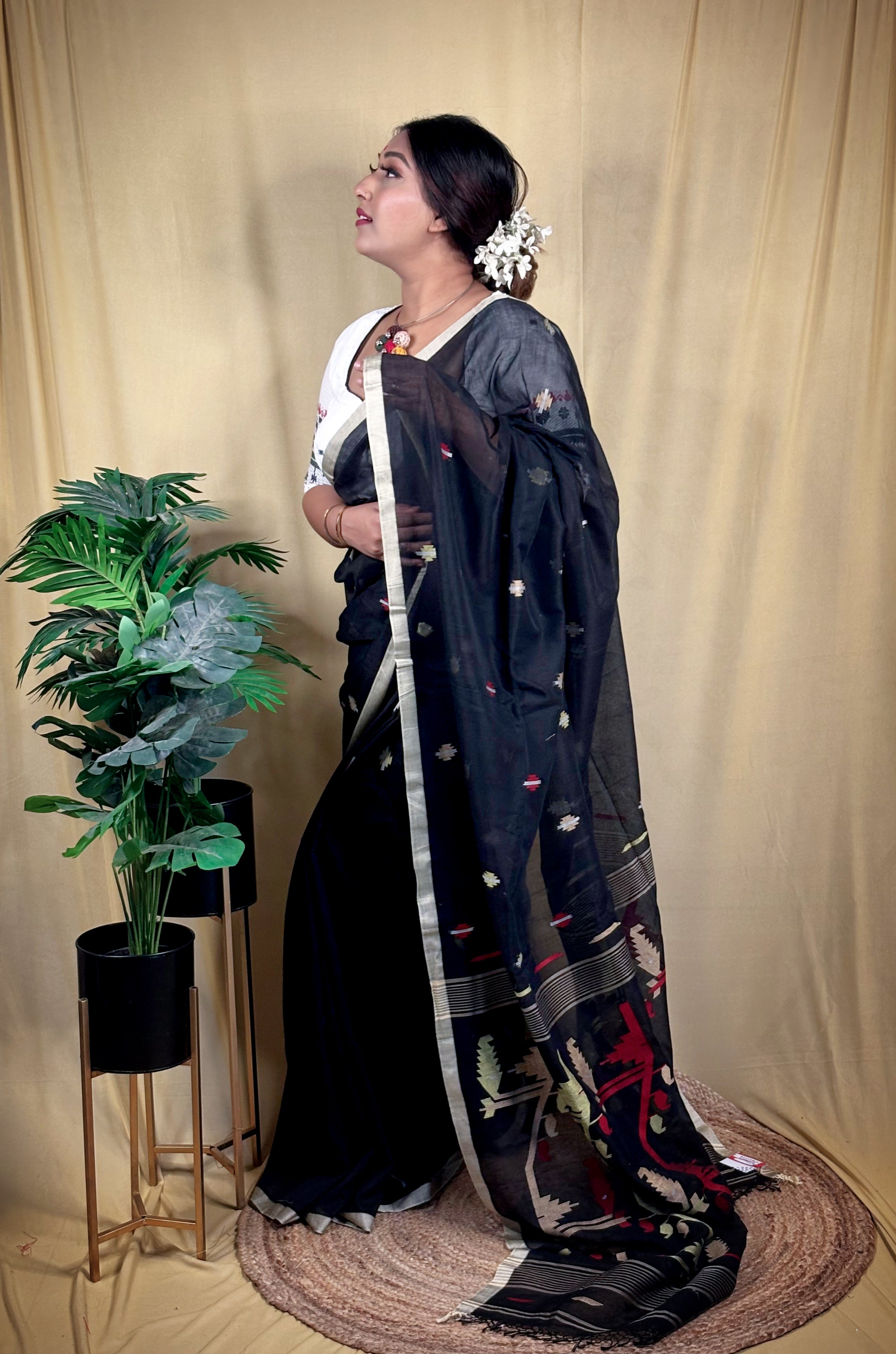 Premium Malai Cotton Jamdani Saree (Handwoven)