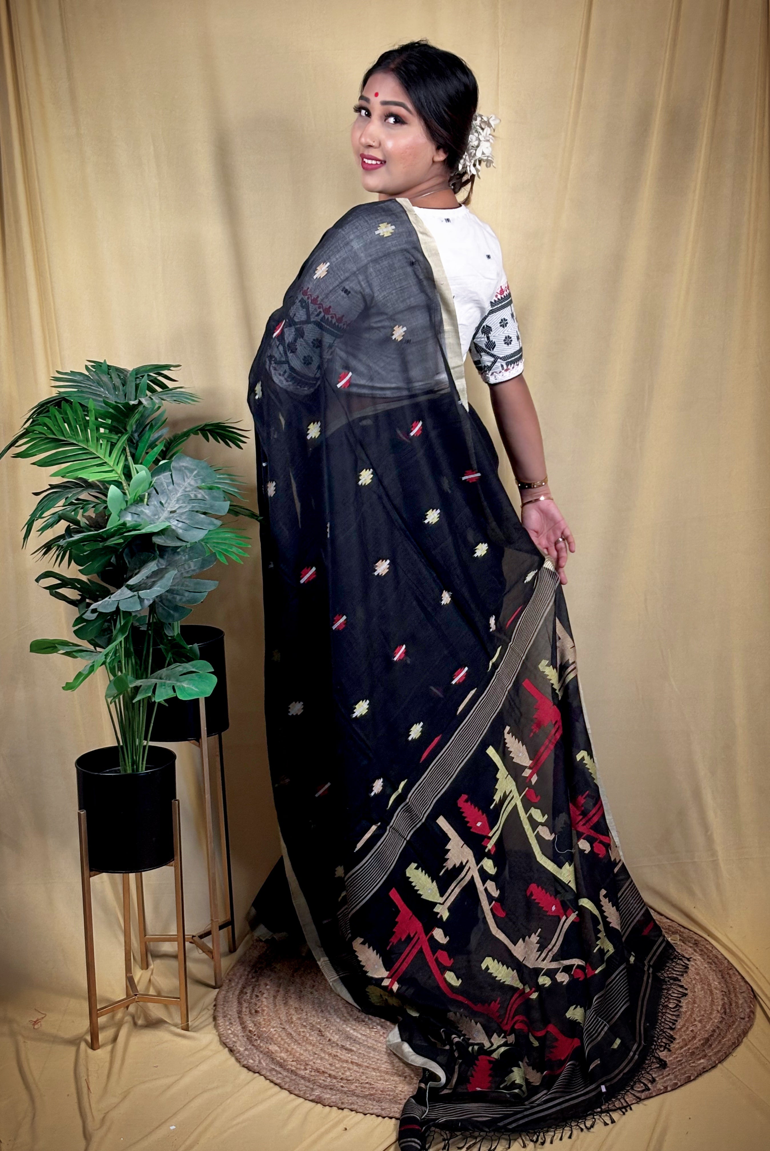 Premium Malai Cotton Jamdani Saree (Handwoven)