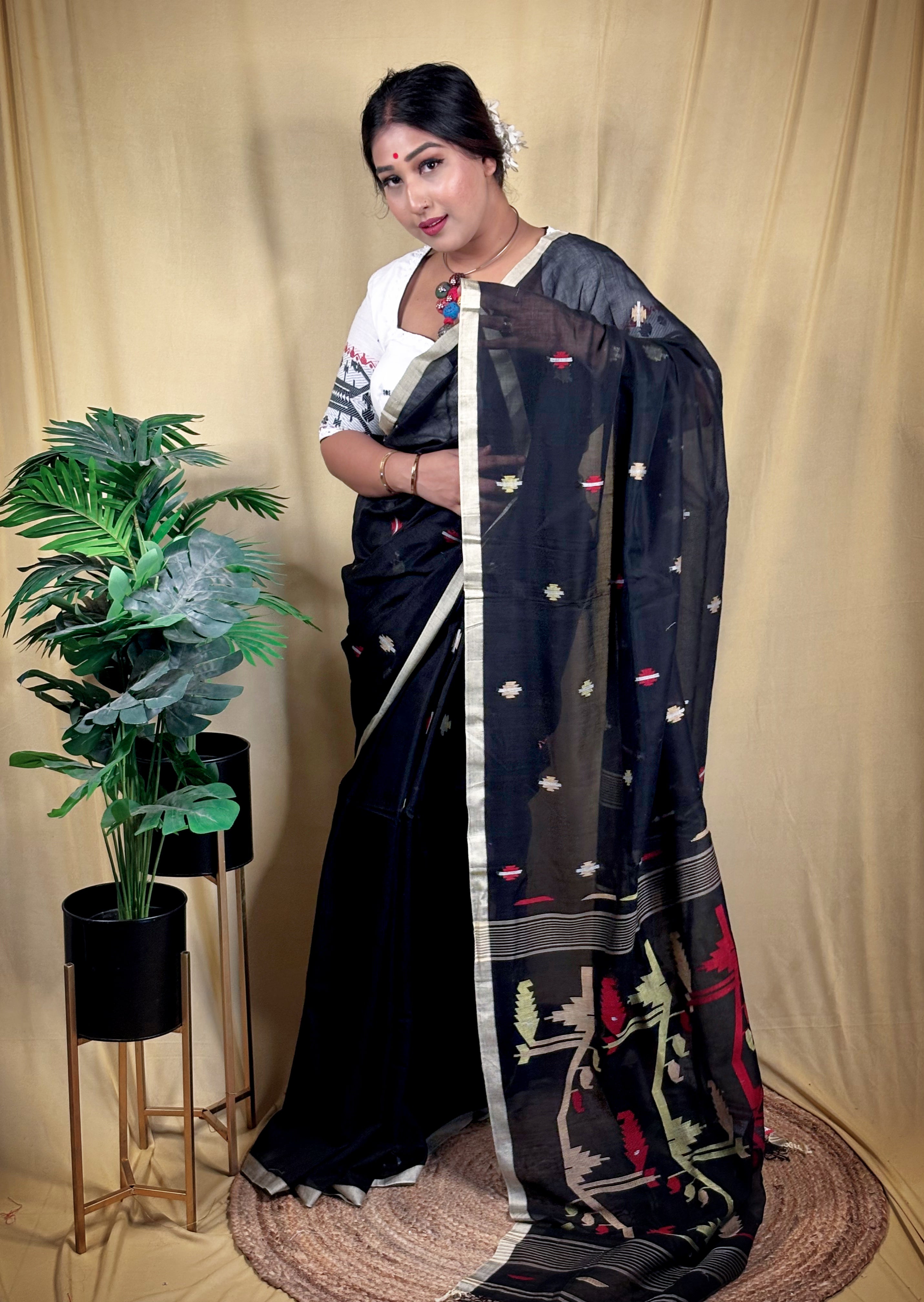 Premium Malai Cotton Jamdani Saree (Handwoven)