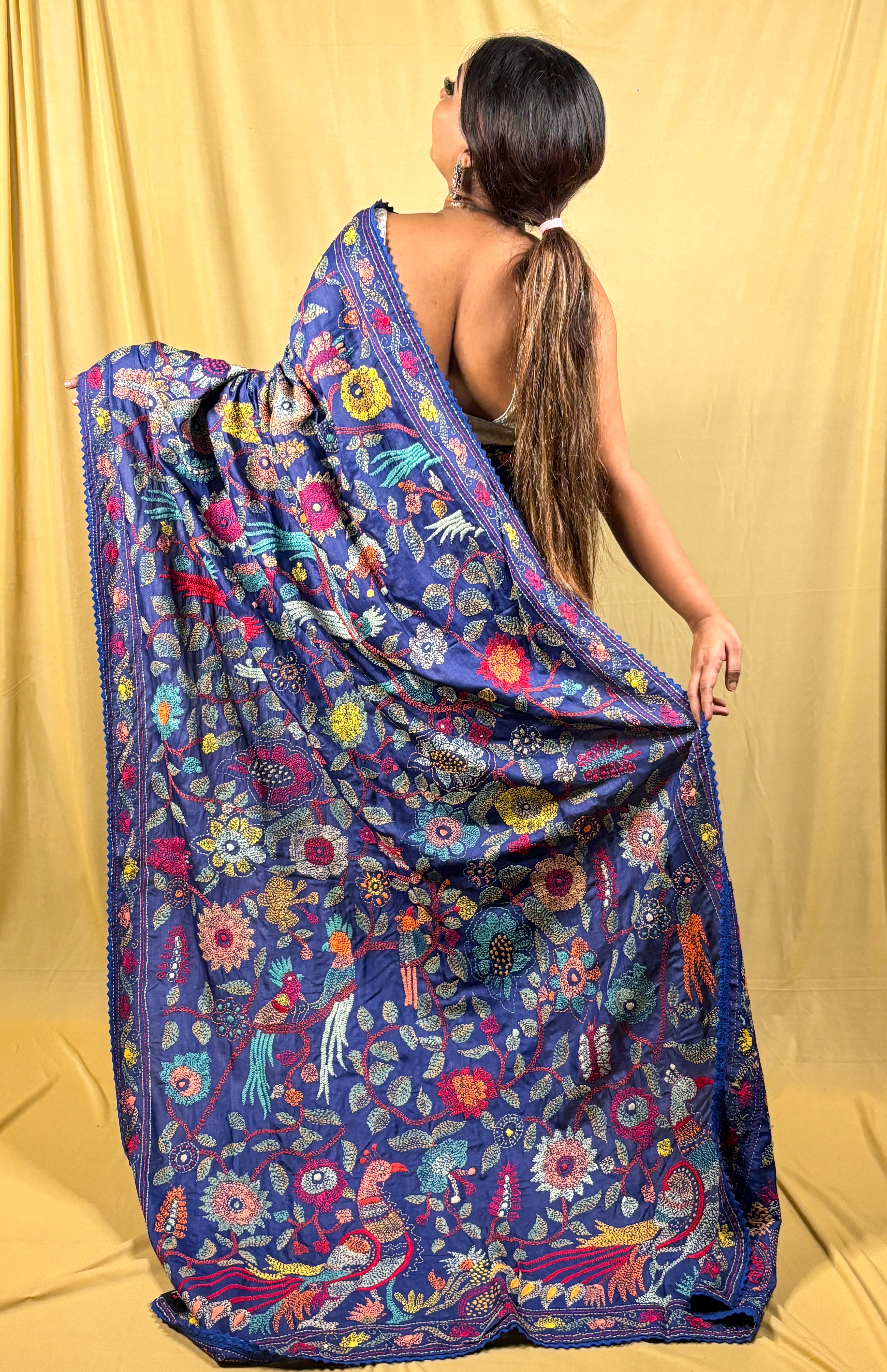 Pure Tussar Kantha Fusion Saree