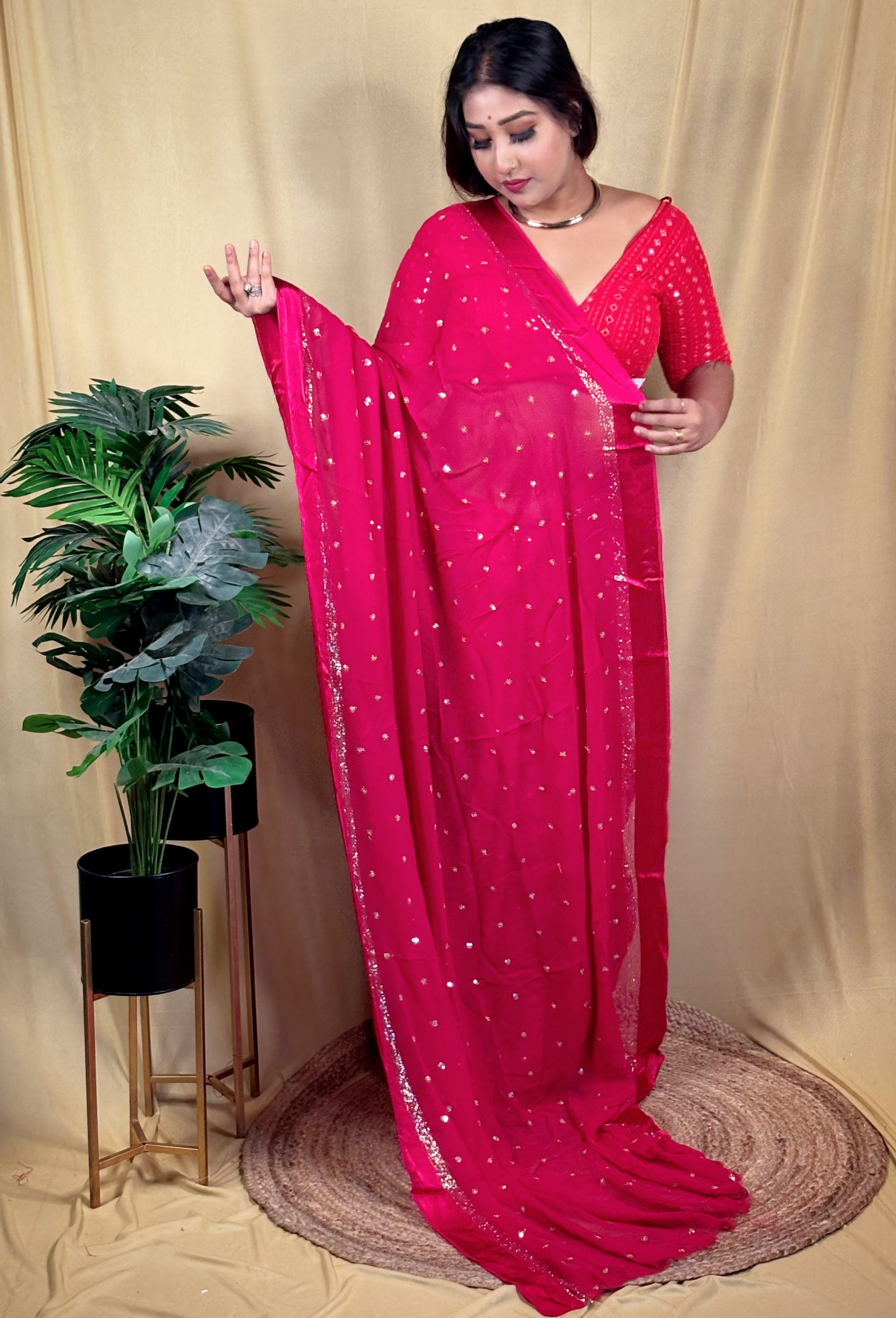 Rani Chiffon Zari Buta All Over Saree