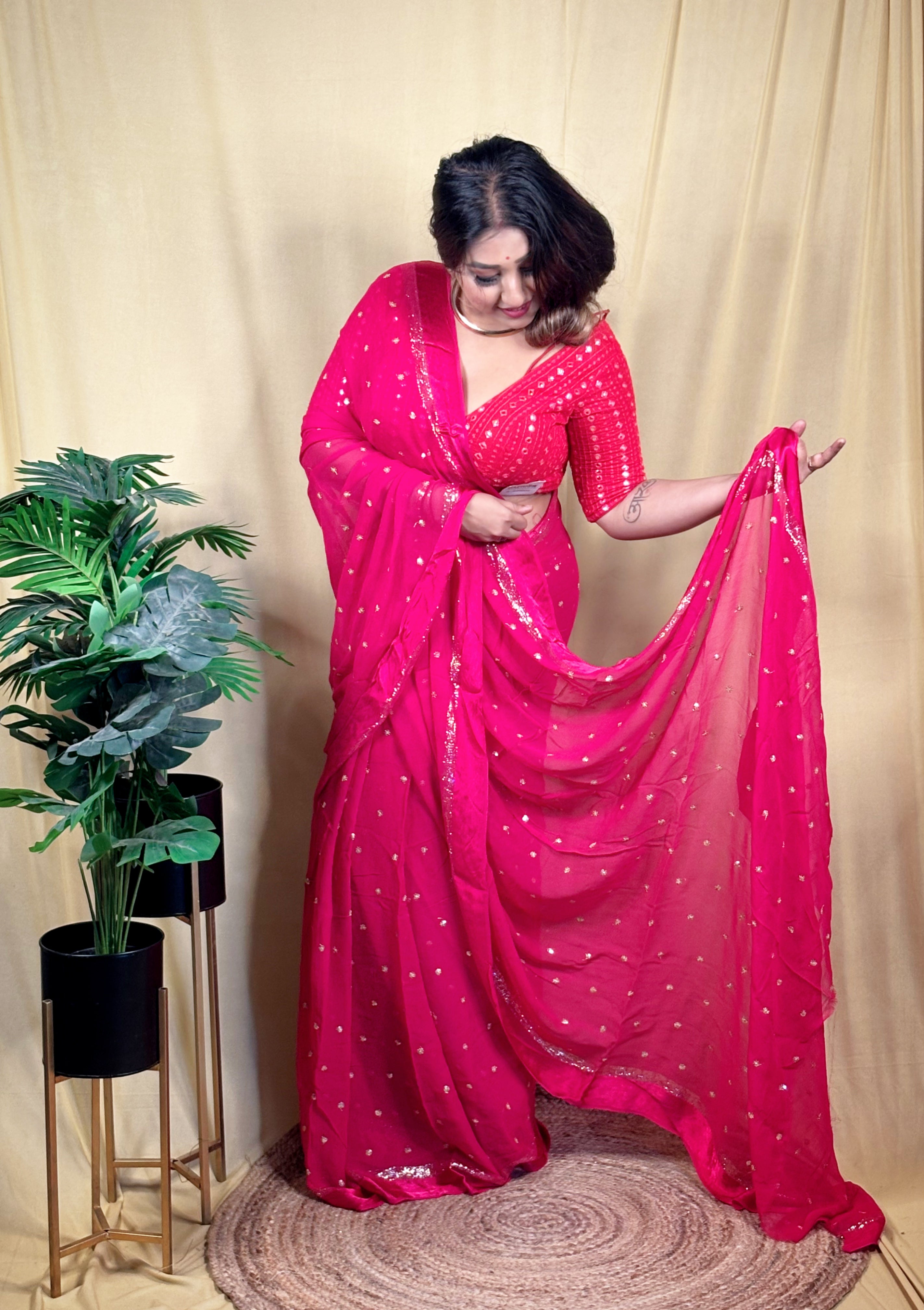 Rani Chiffon Zari Buta All Over Saree