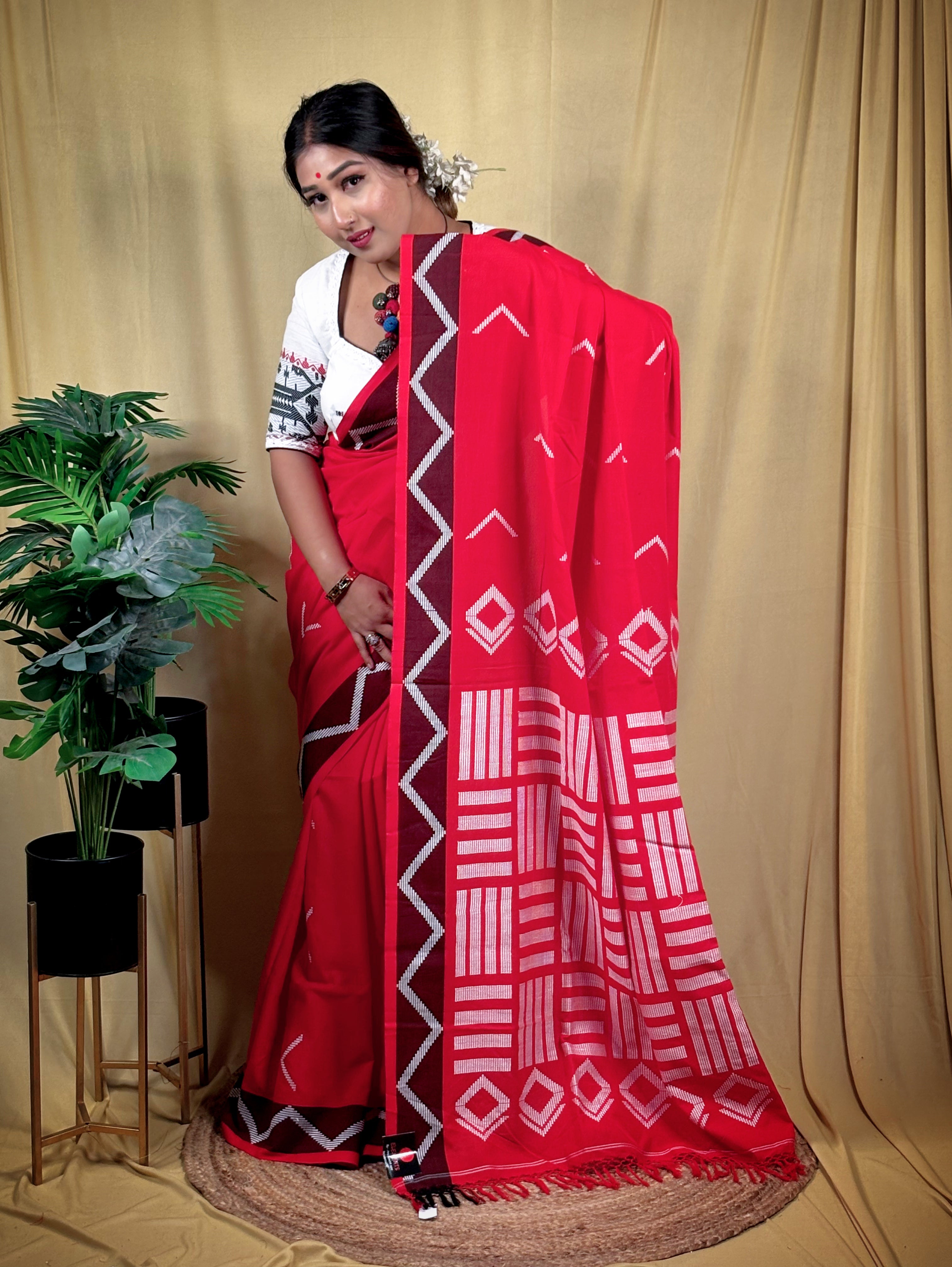 Tuktuke Laal Dhoniyakhali Saree (Pure Handloom Cotton)