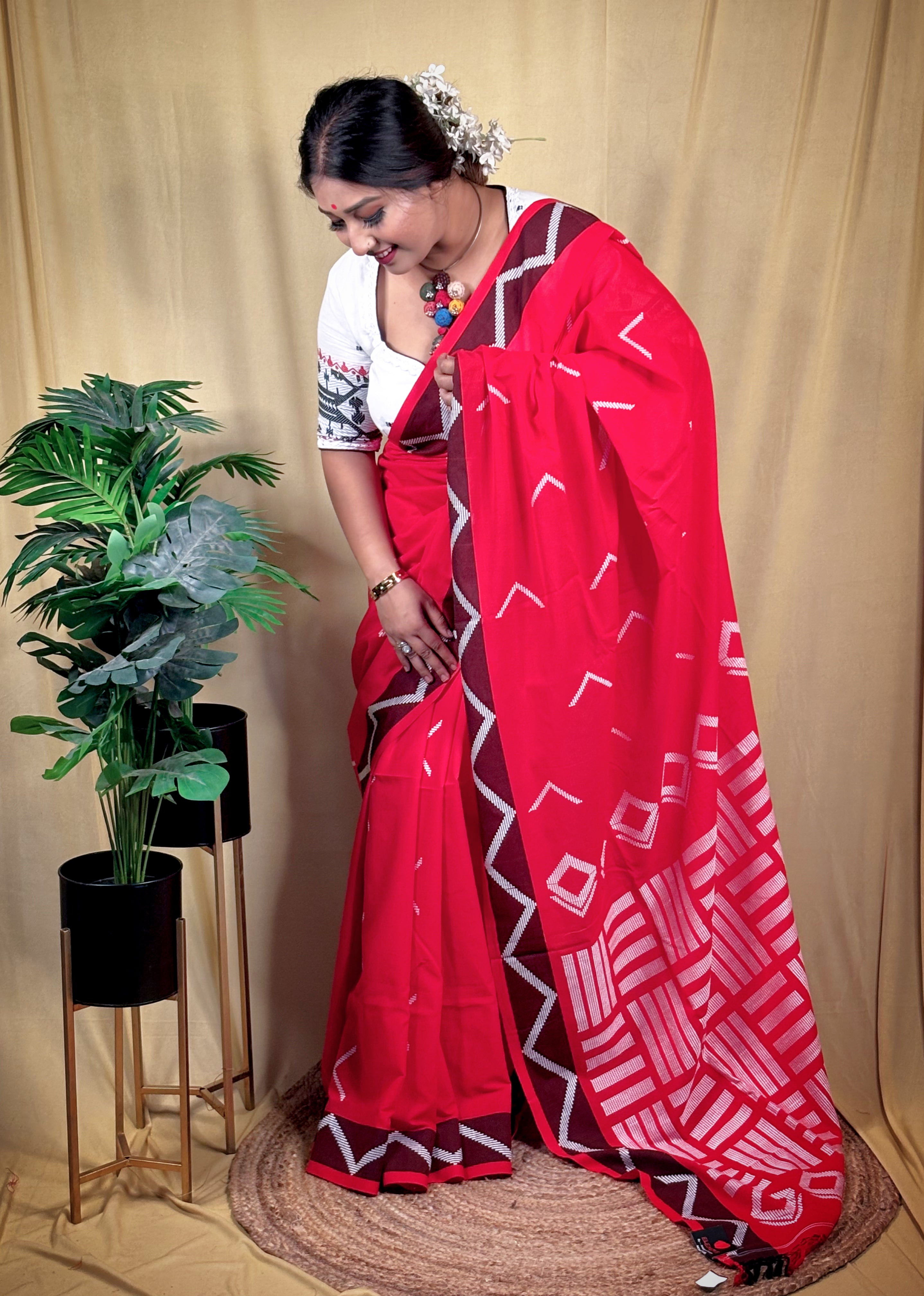 Tuktuke Laal Dhoniyakhali Saree (Pure Handloom Cotton)