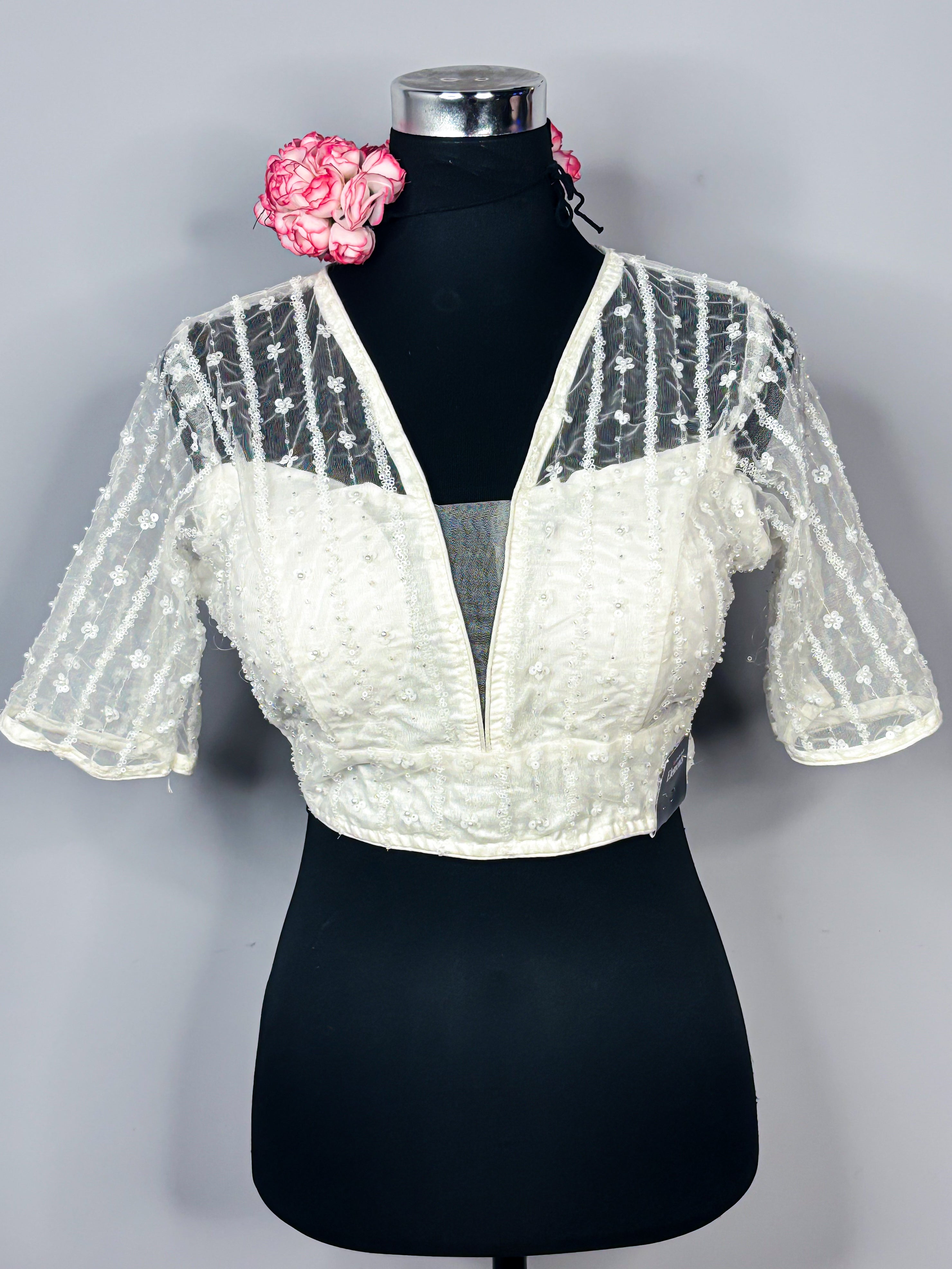 Mesh See-Through Blouse with Embellished Details