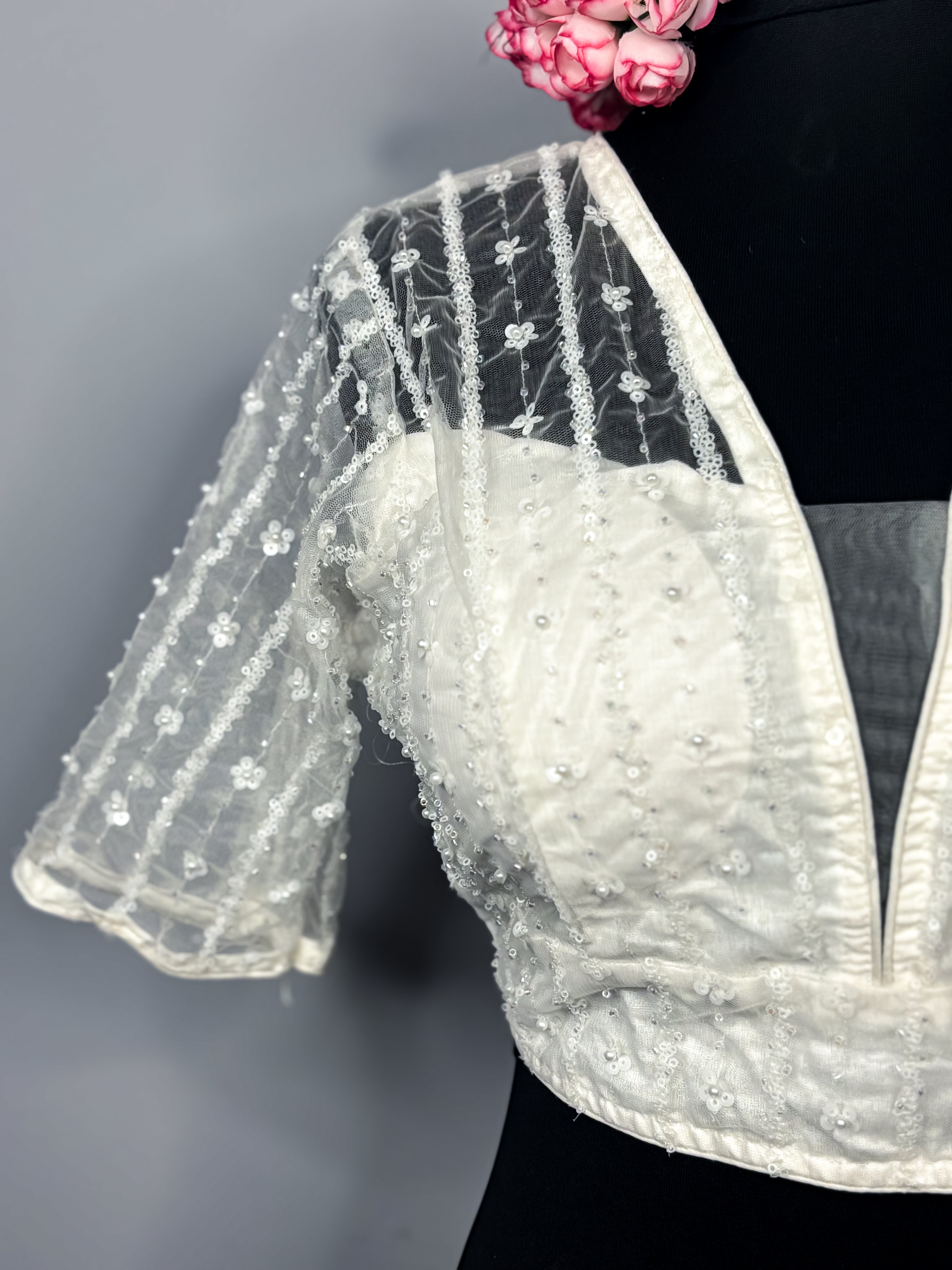 Mesh See-Through Blouse with Embellished Details