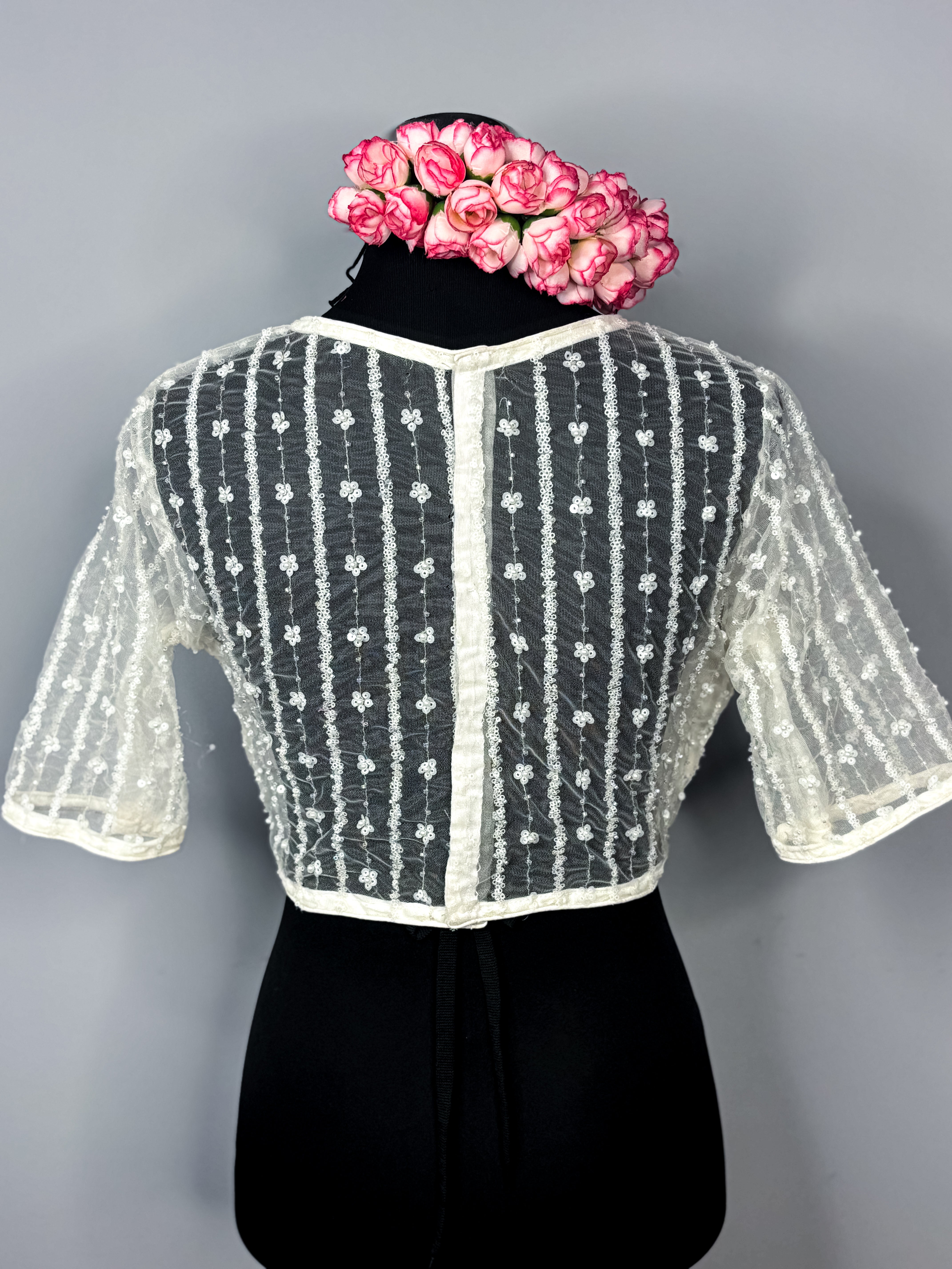 Mesh See-Through Blouse with Embellished Details