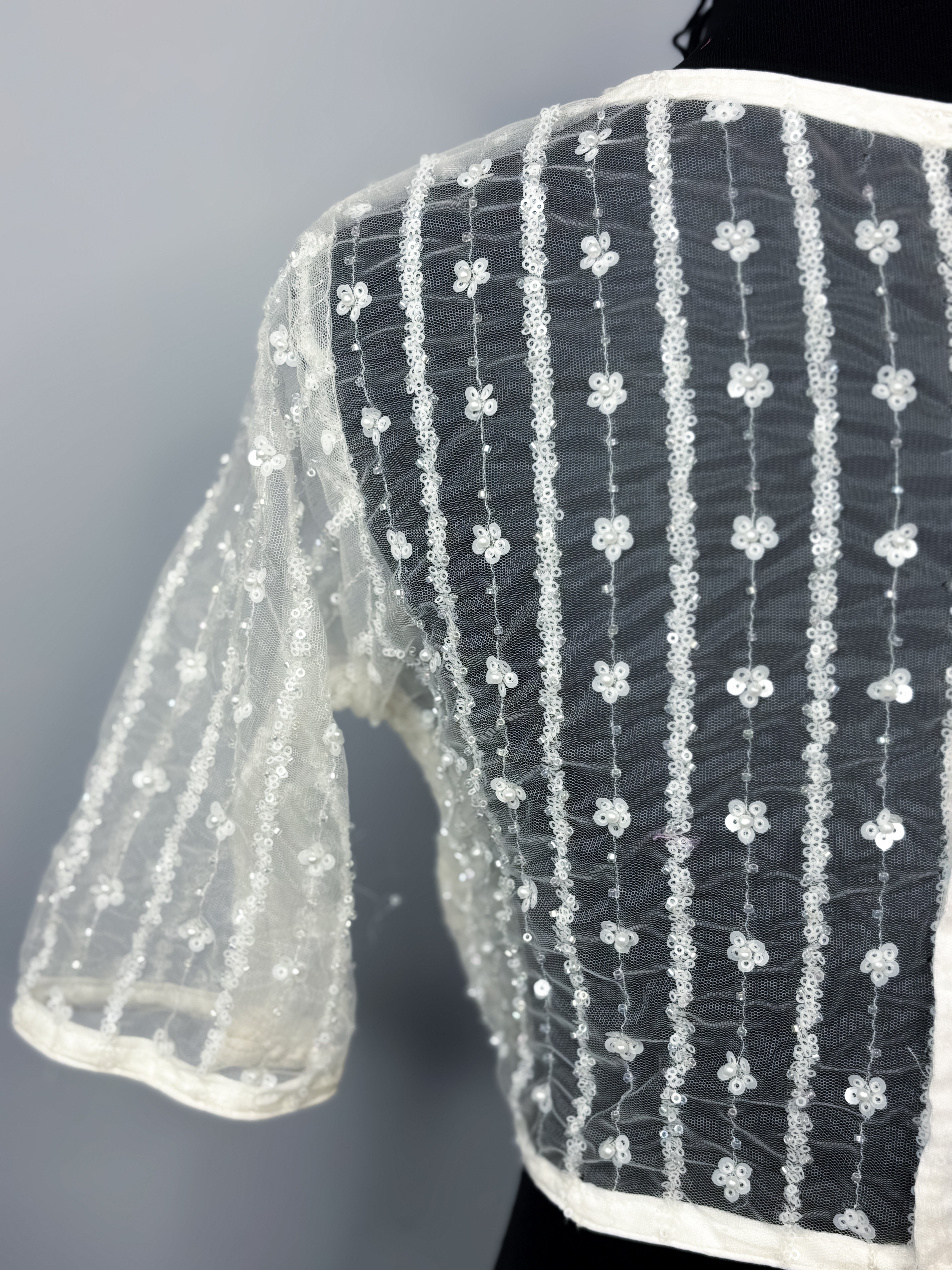 Mesh See-Through Blouse with Embellished Details