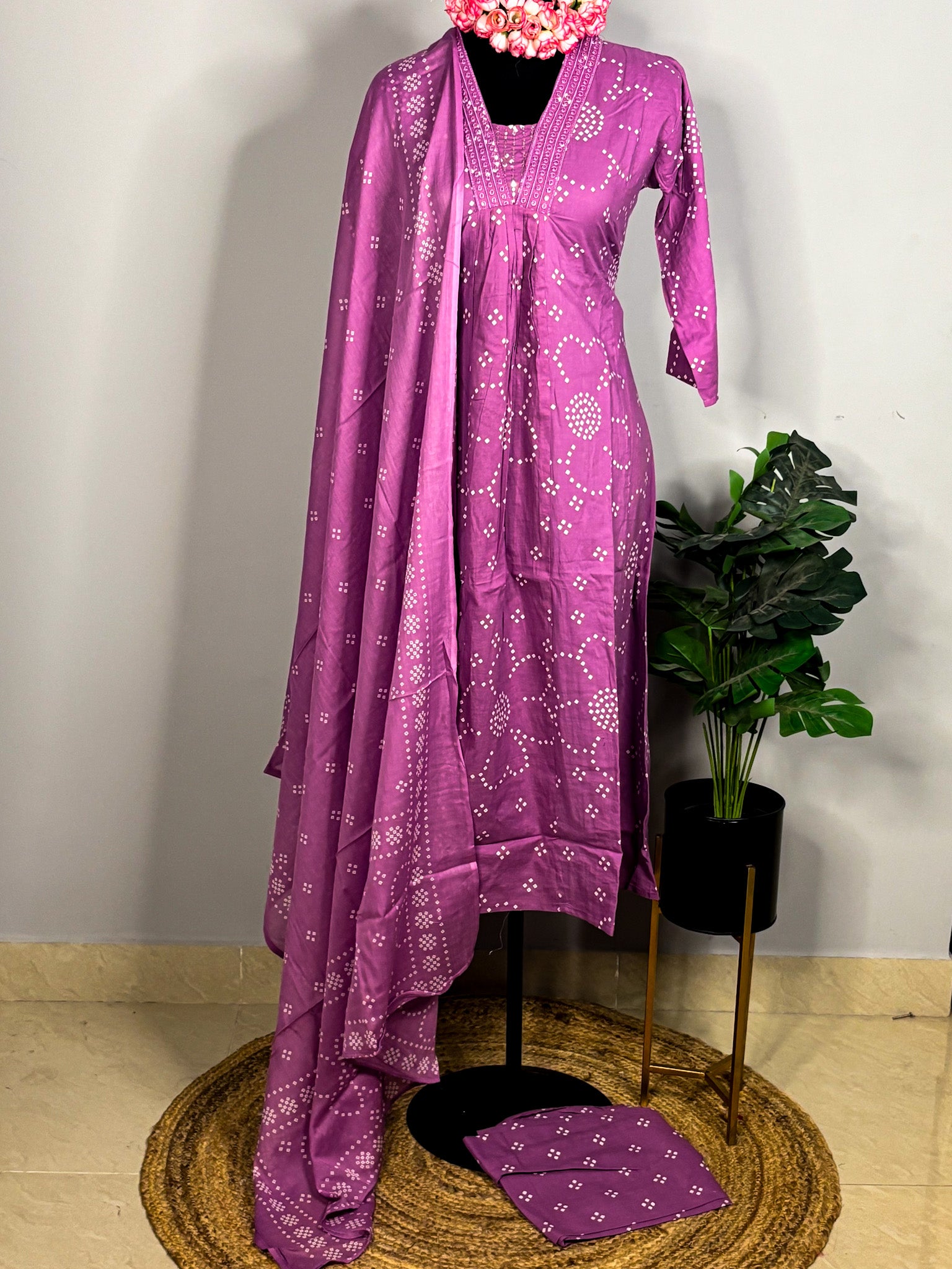 Purple pure cotton 3-piece kurta set
