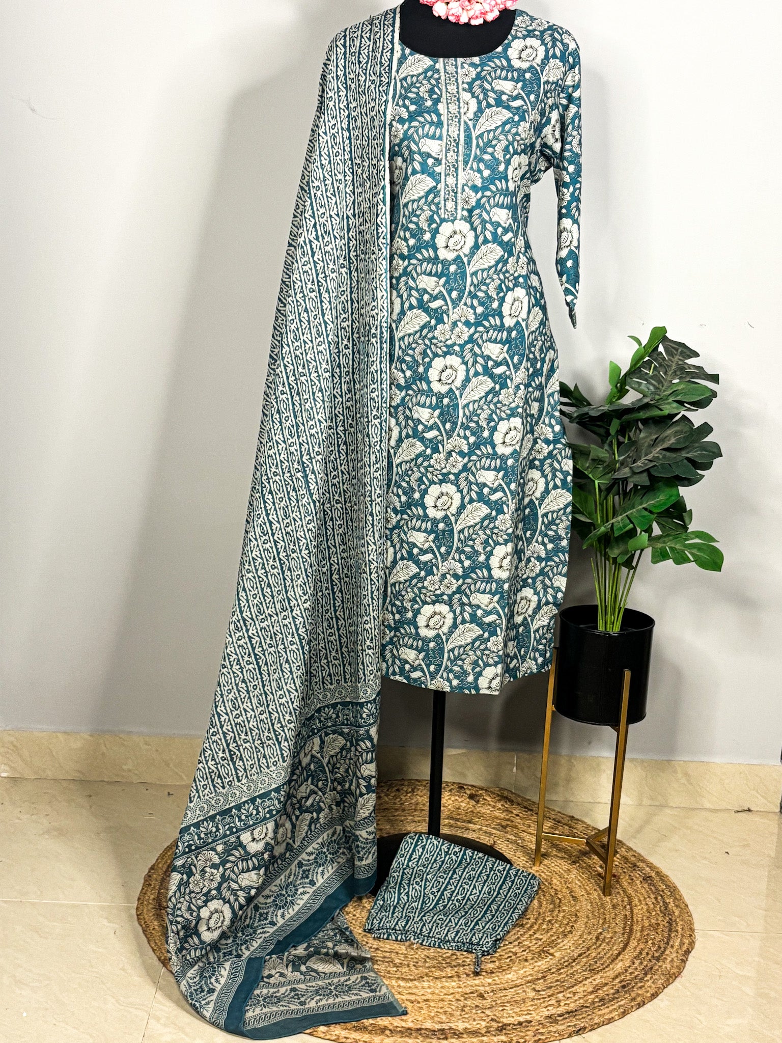 Teal pure cotton 3-piece kurta set