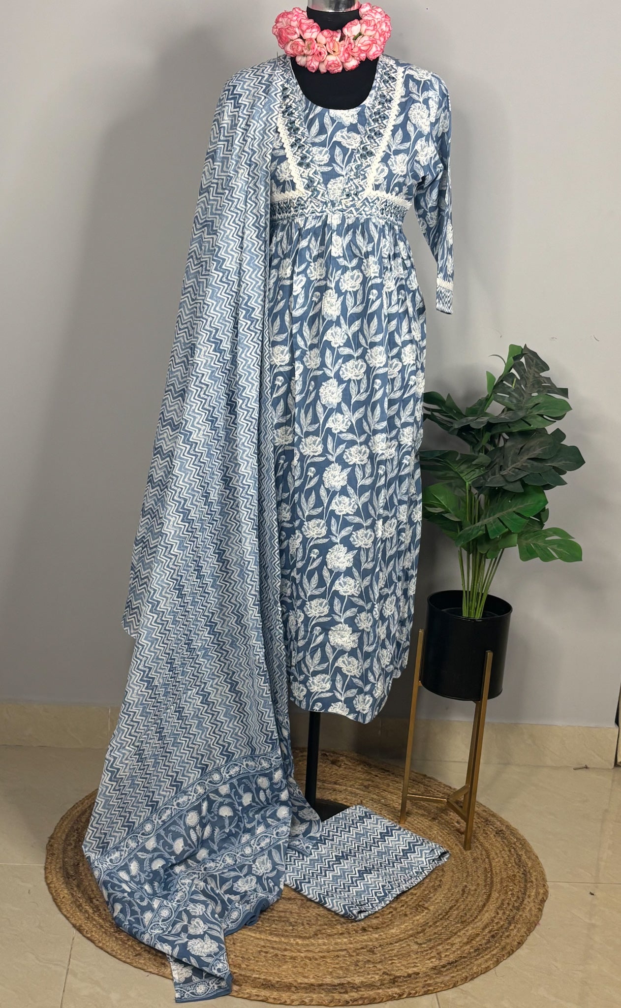 White Deep Grey Rayon Pure cotton 3-piece kurta set