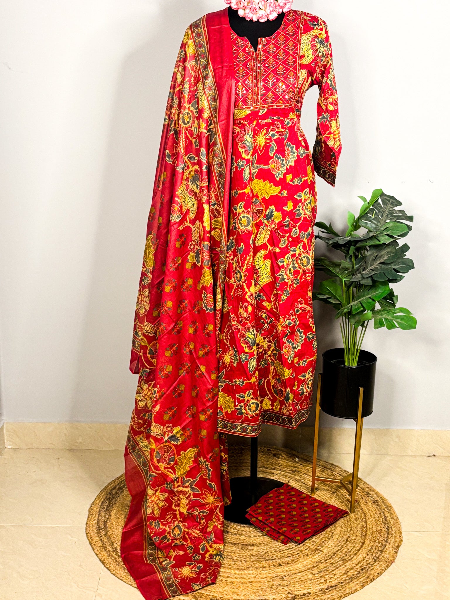 Red pure cotton 3-piece kurta set