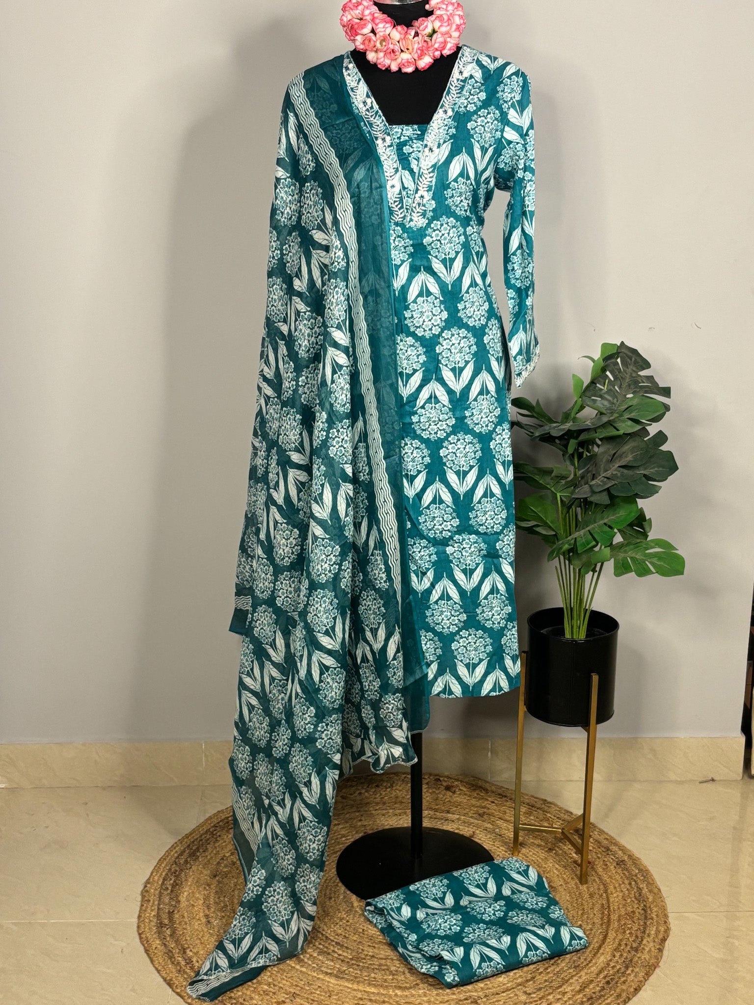 Teal green Pure cotton 3-piece kurta set