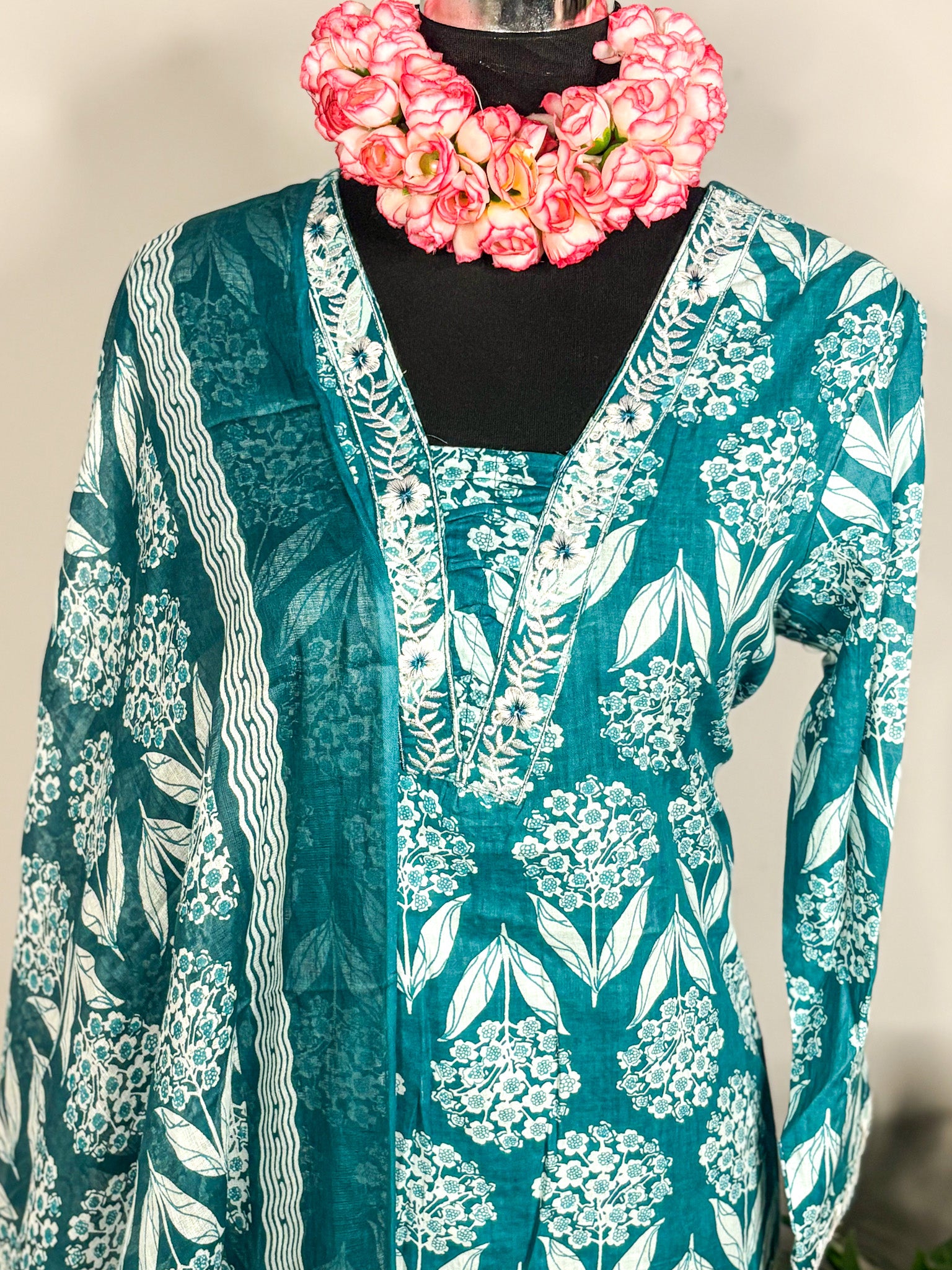 Teal green Pure cotton 3-piece kurta set