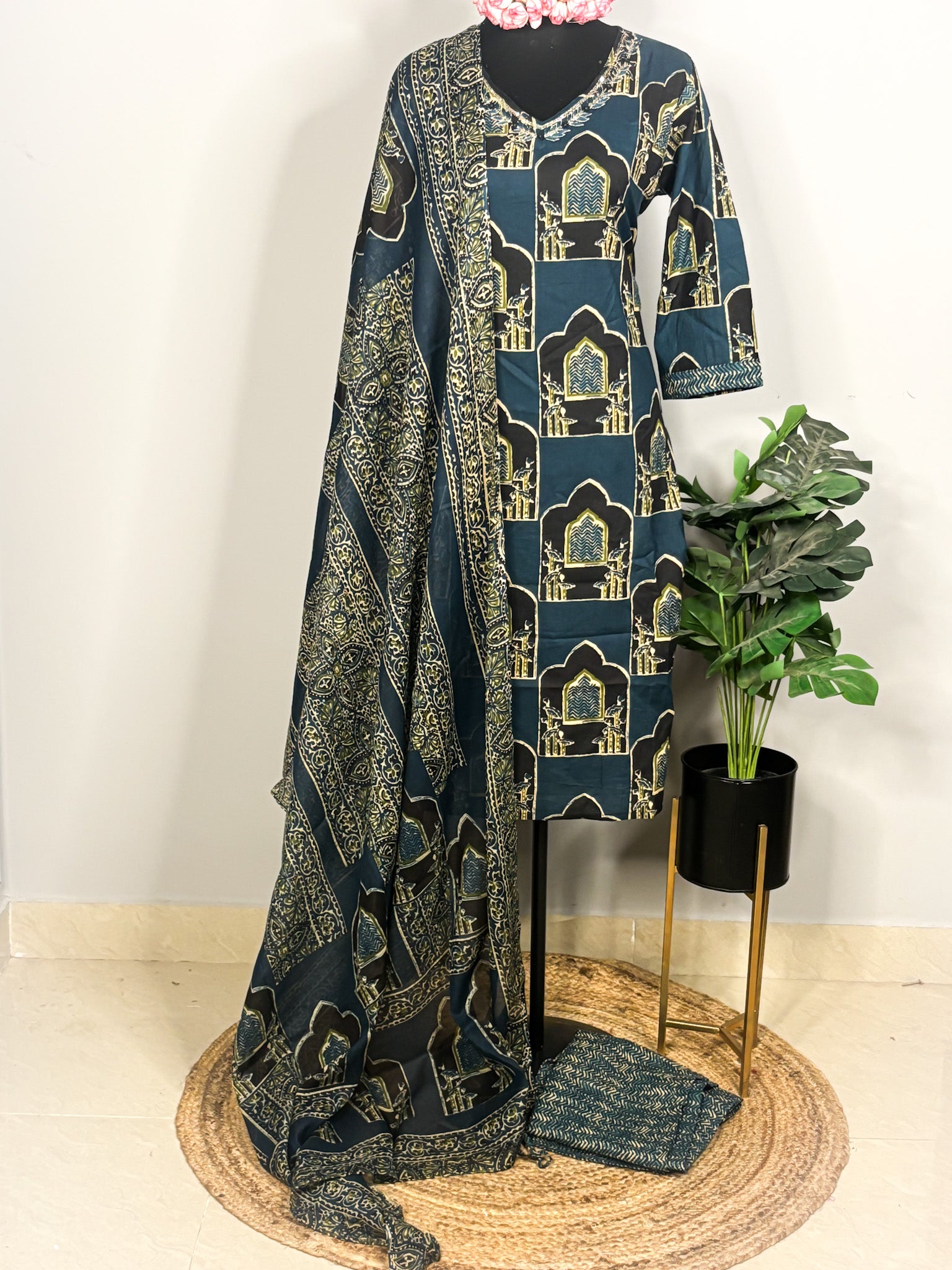 Teal Block Pure cotton 3-piece kurta set