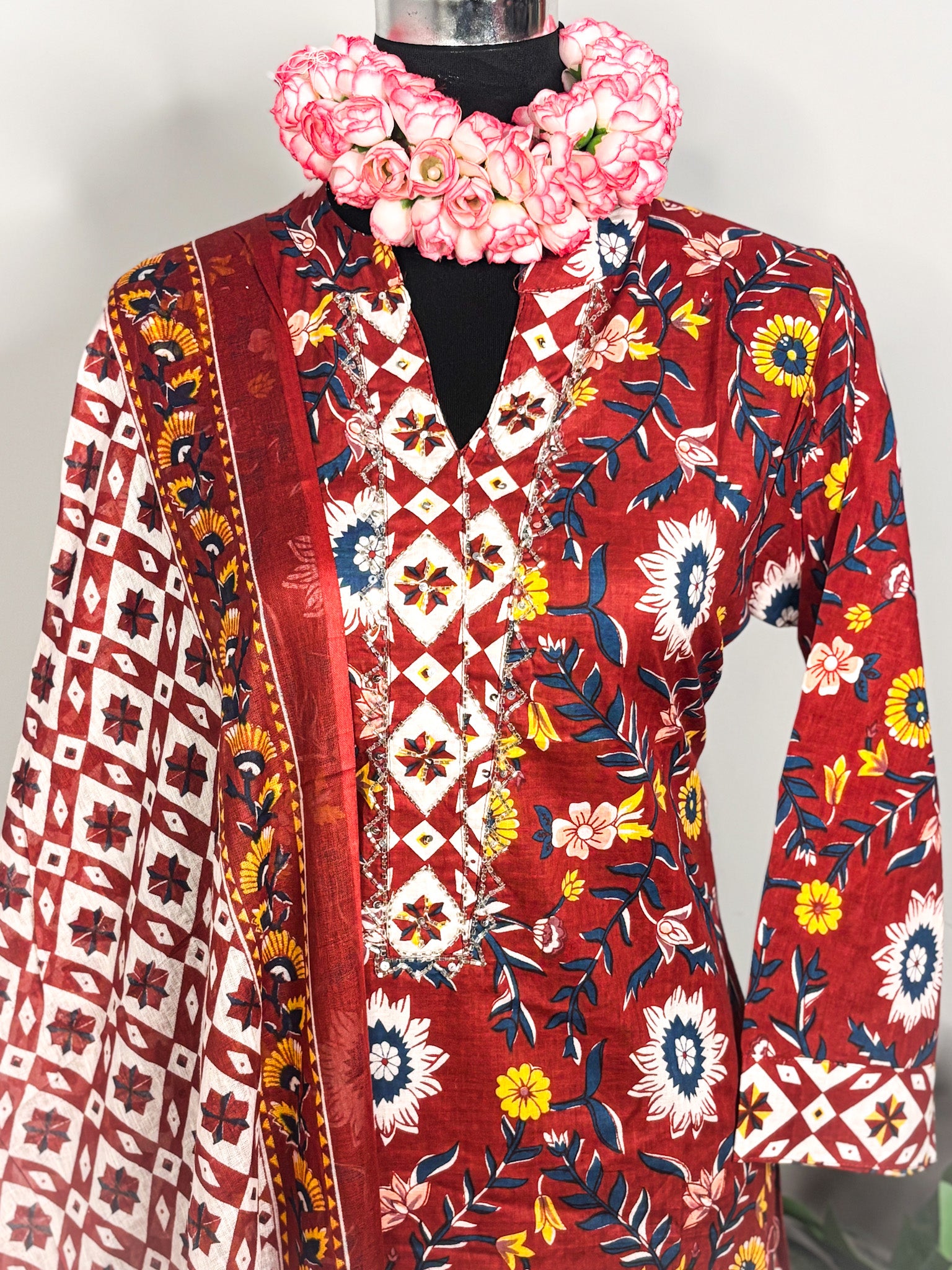Rust red pure cotton 3-piece kurta set