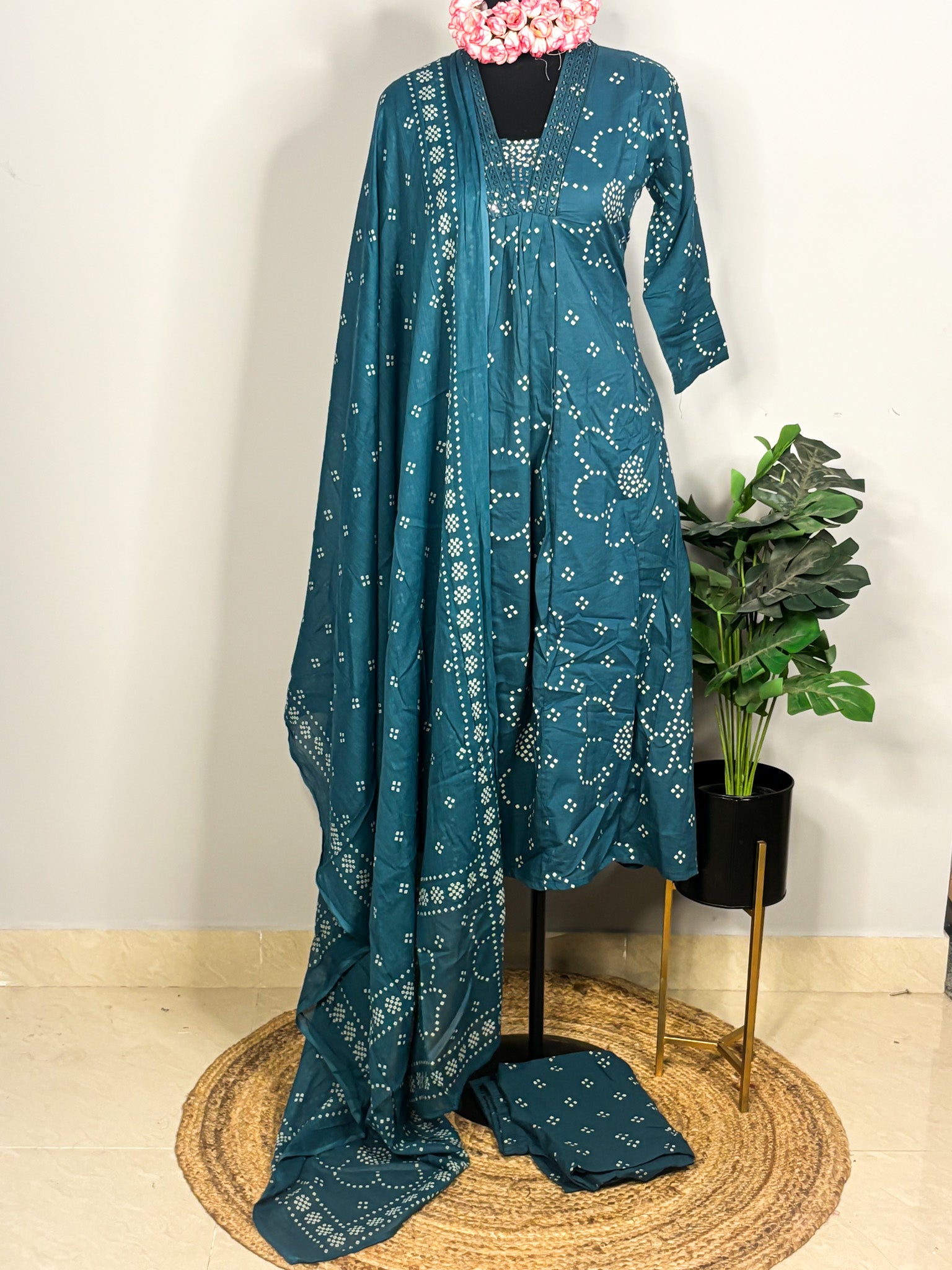 Teal pure cotton 3-piece kurta set