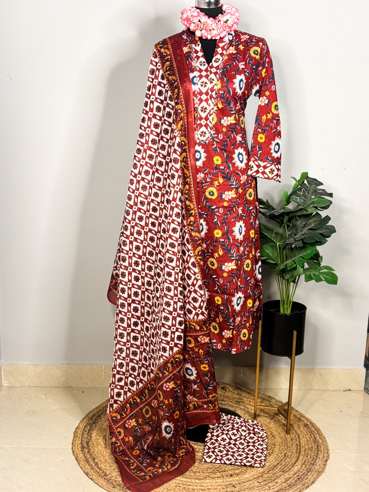 Rust red pure cotton 3-piece kurta set