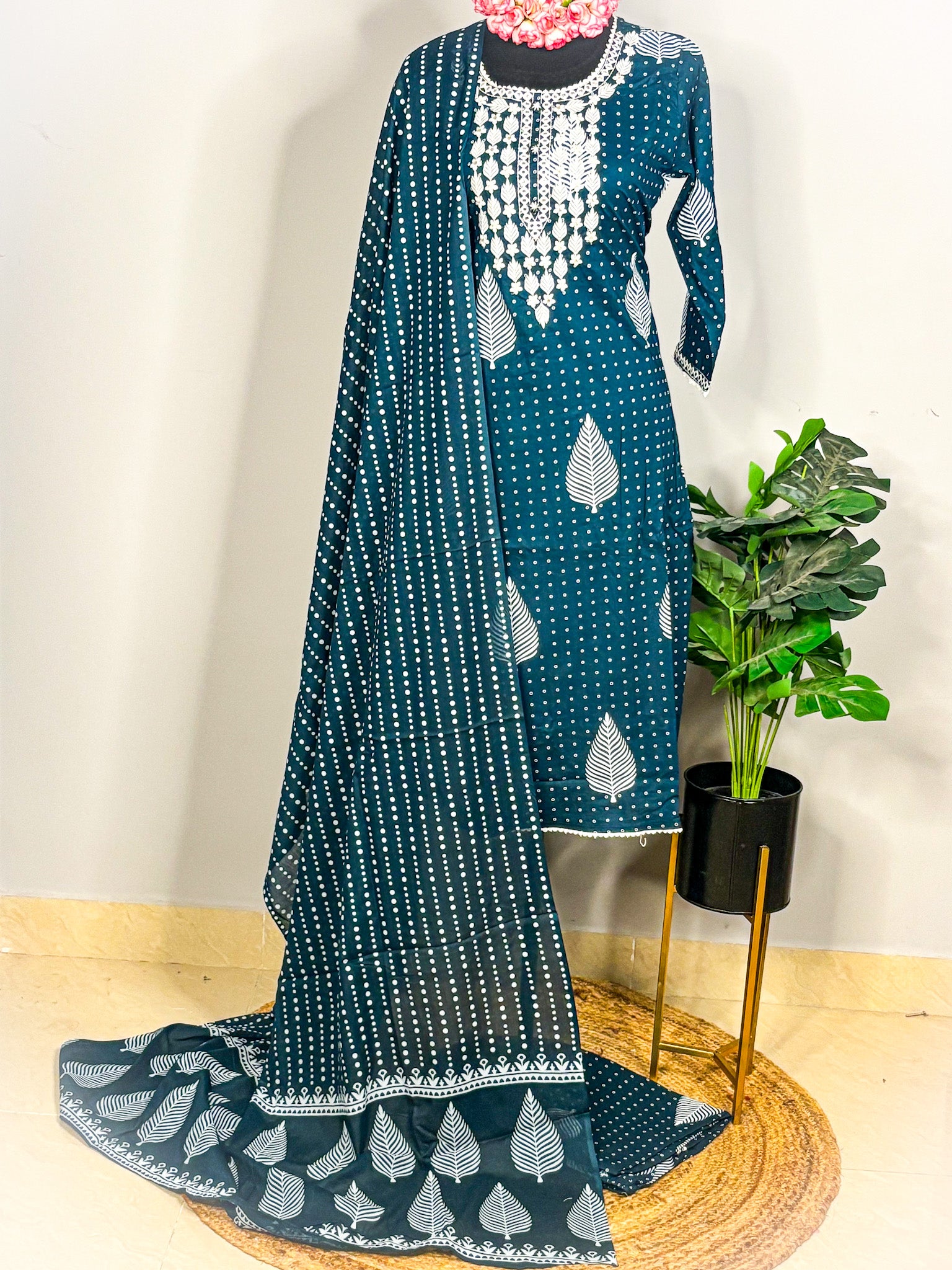 Deep teal pure cotton 3-piece kurta set
